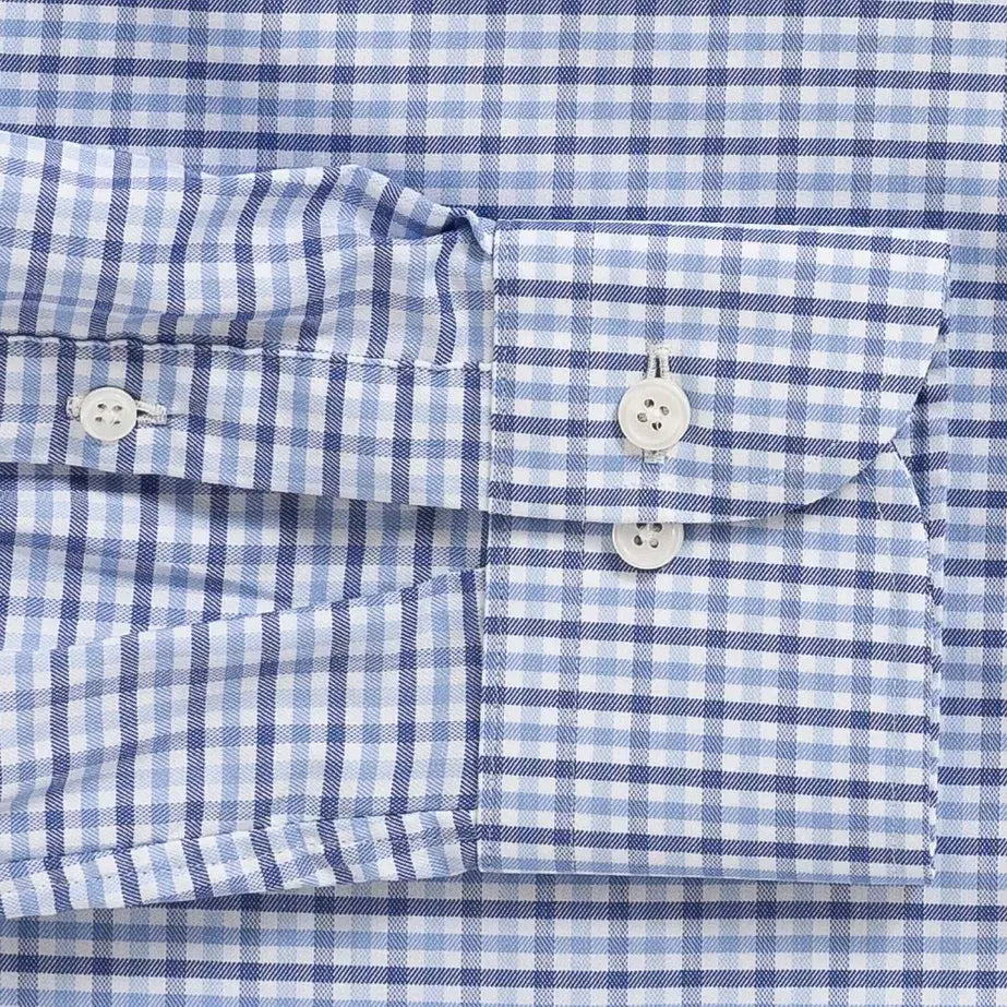 Blue tattersall performance dress shirt cuff and sleeve - Journey Flex stretch fabric tailoring