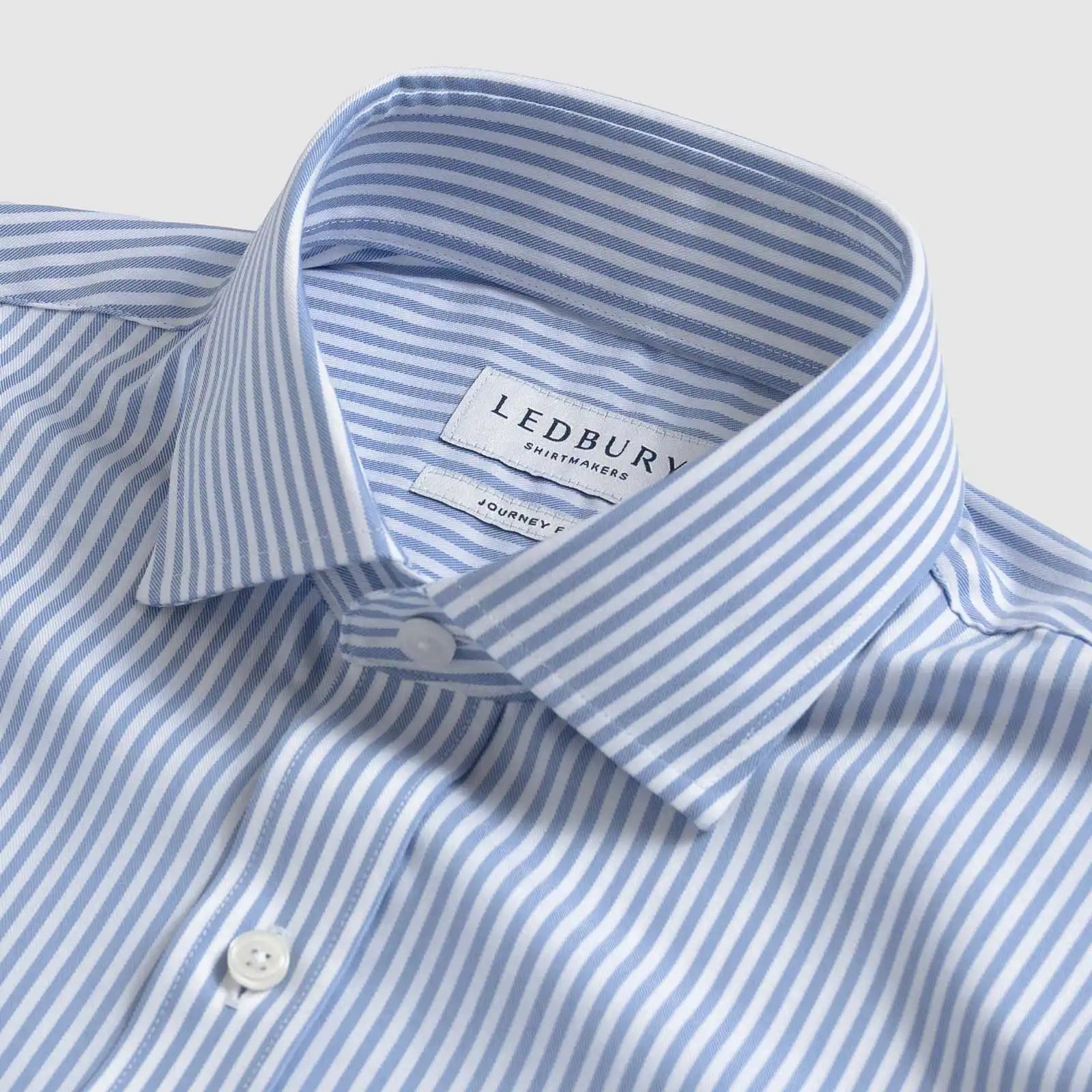 Custom dress shirt collar detail - Journey Flex blue stripe performance fabric construction