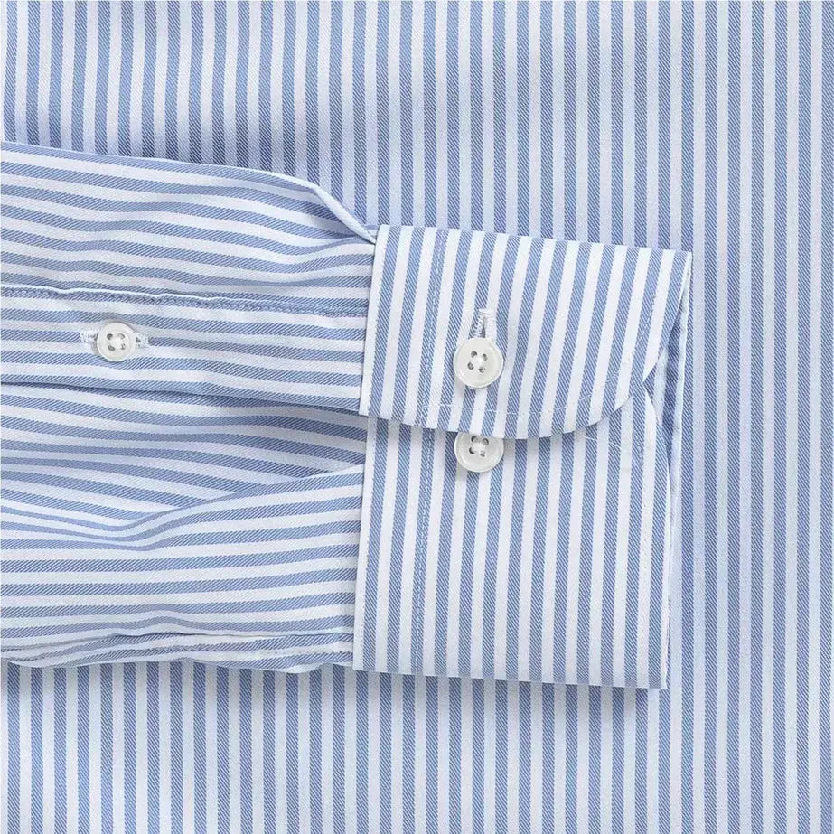 Blue stripe performance dress shirt cuff and sleeve - Journey Flex stretch fabric tailoring