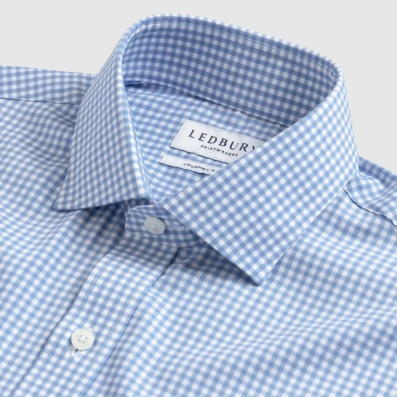 Custom dress shirt collar detail - Journey Flex blue gingham performance fabric construction