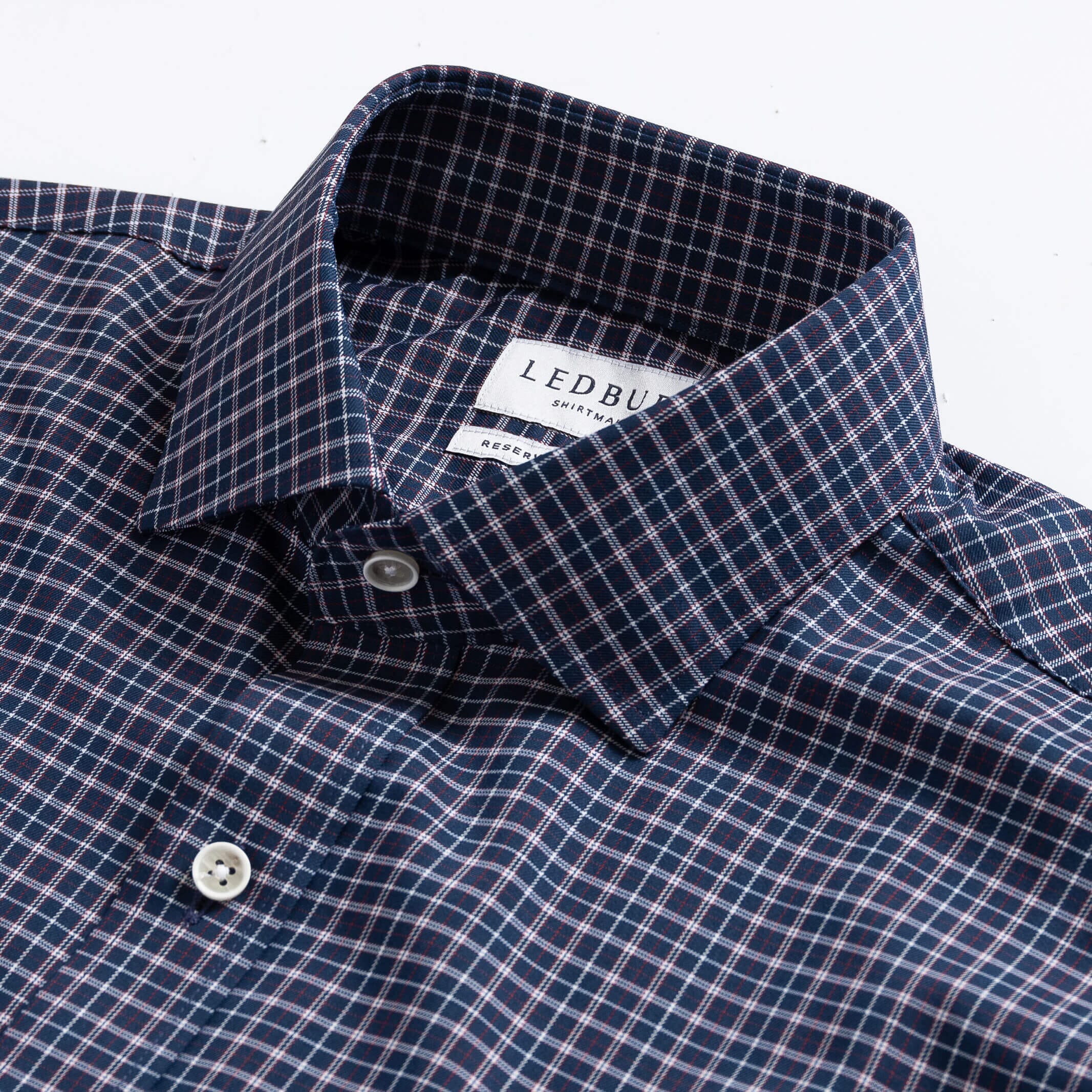 Custom dress shirt collar detail - Journey Flex navy check performance fabric construction
