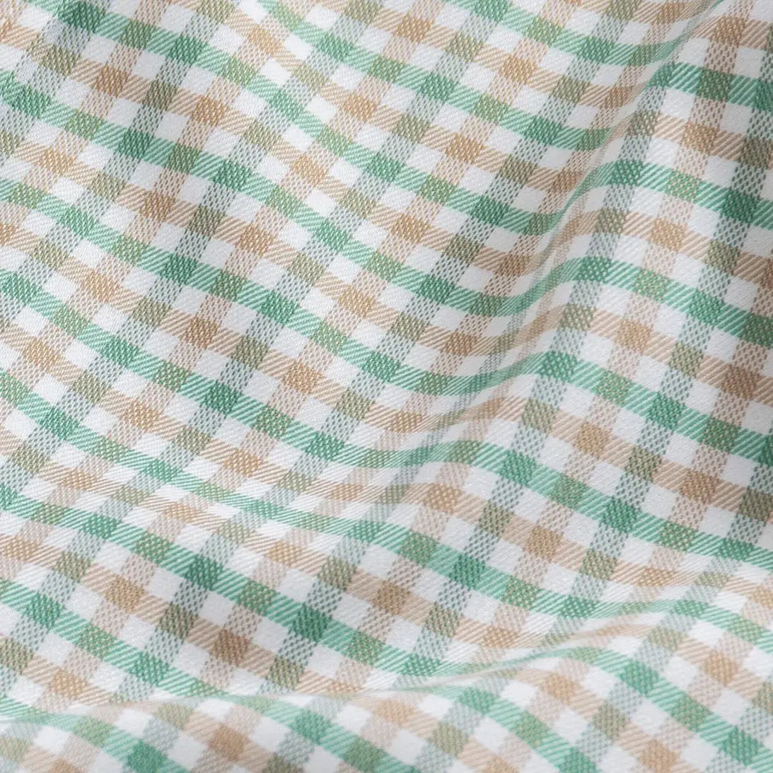 Journey Flex green tattersall dress shirt fabric close-up - wrinkle-resistant performance material
