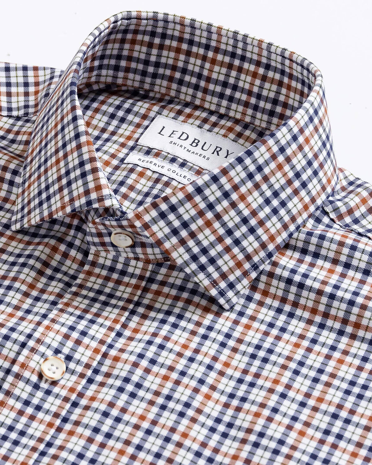 Custom dress shirt collar detail - Journey Flex sienna check performance fabric construction
