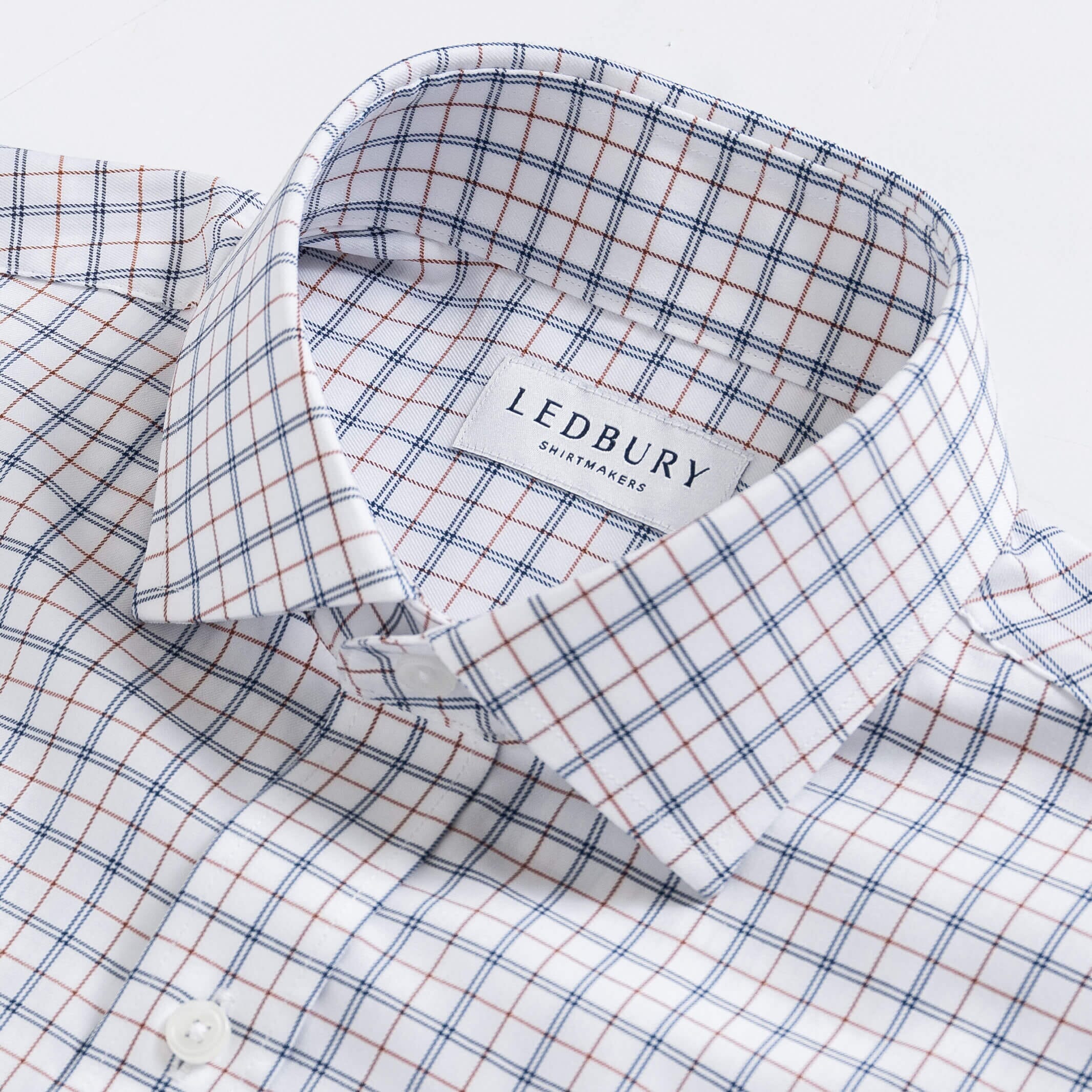Custom dress shirt collar detail - Journey Flex sienna windowpane performance fabric construction
