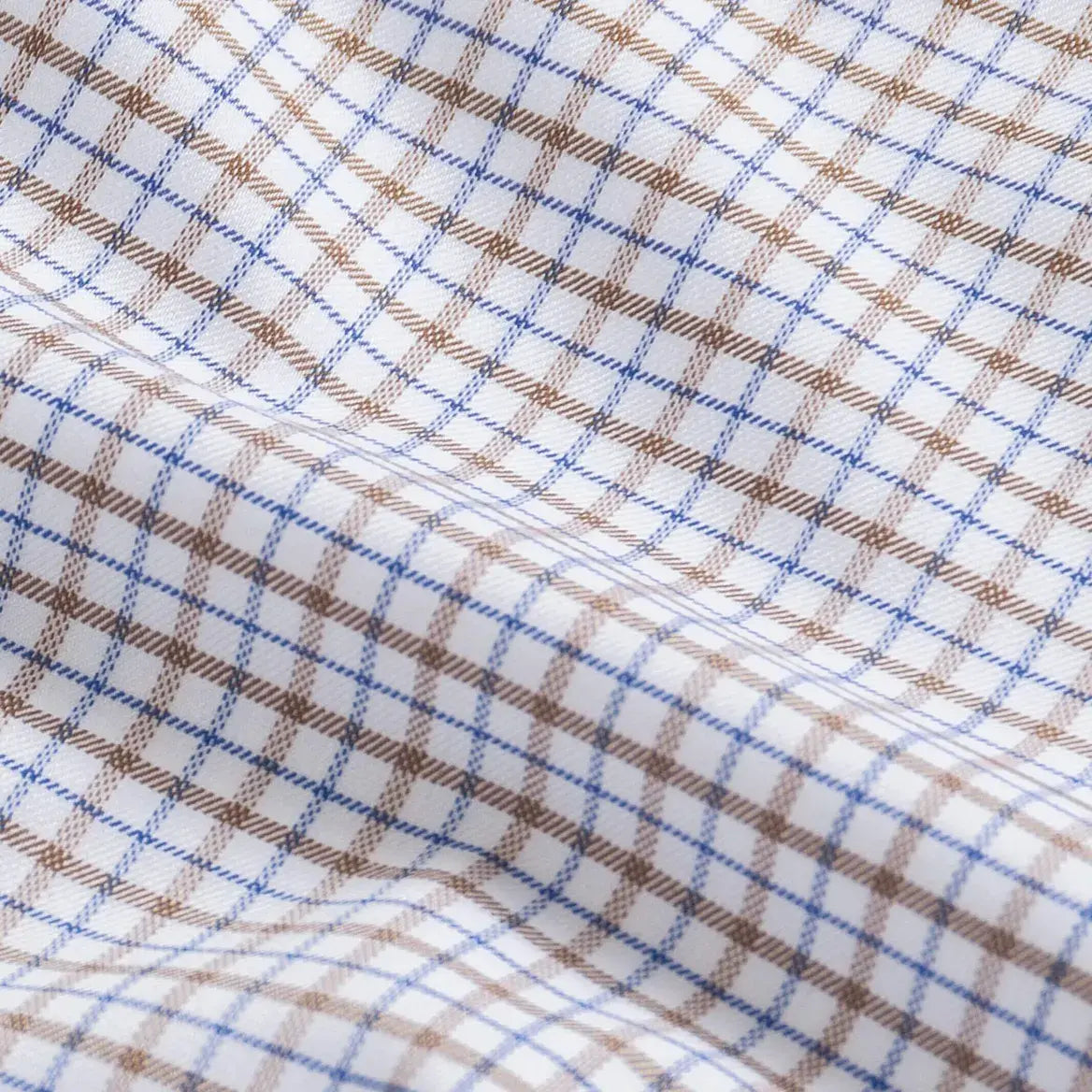Journey Flex brown grid check dress shirt fabric close-up - wrinkle-resistant performance material
