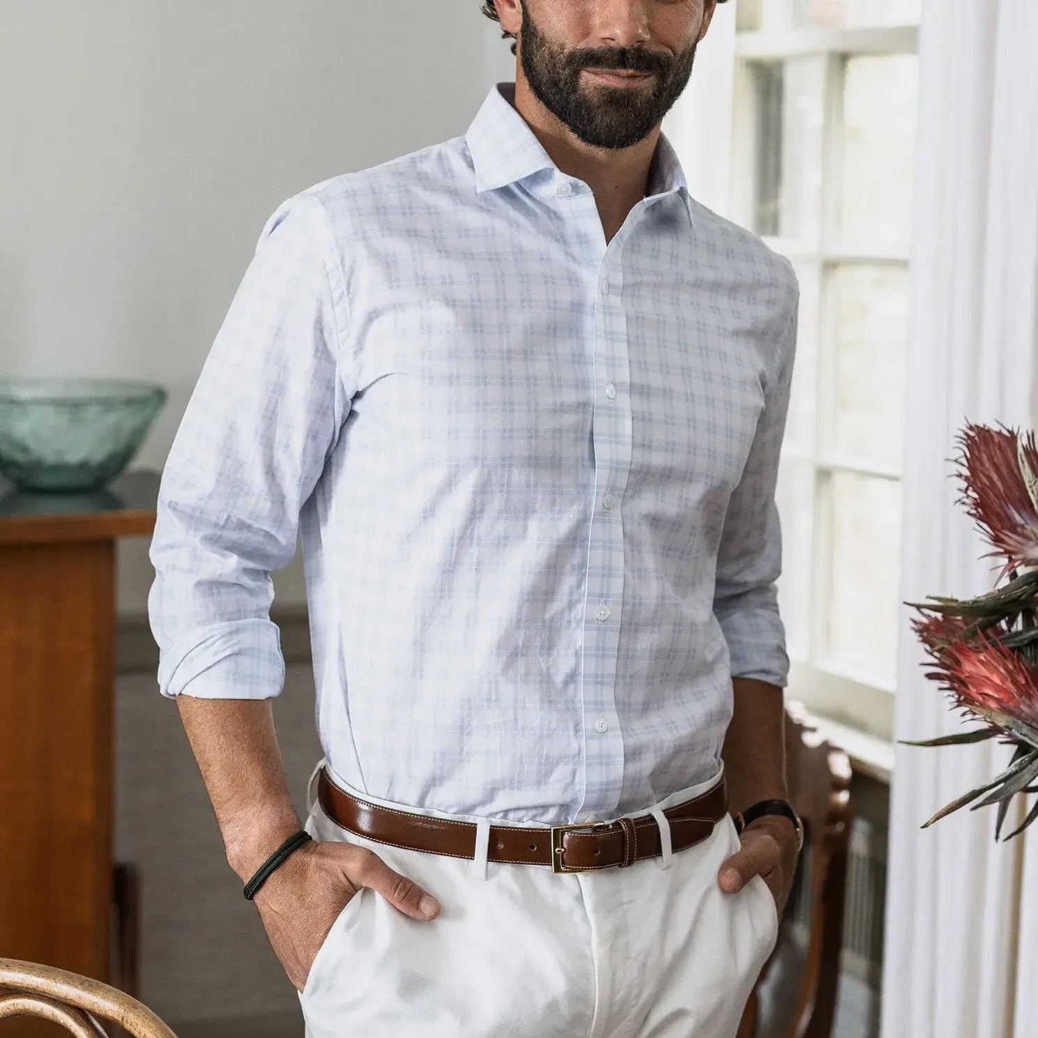 Man wearing sky blue plaid dress shirt - Ledbury Ellis custom fit