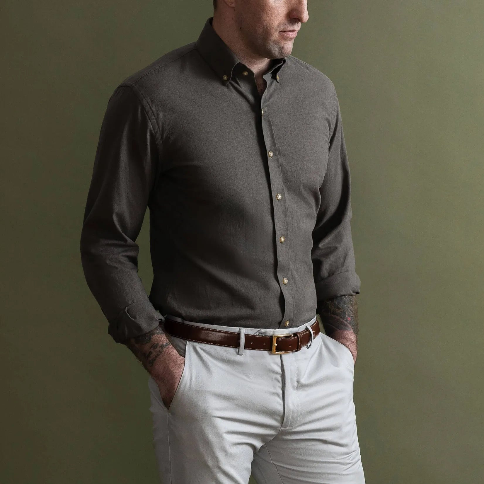 Man wearing olive Sandoval oxford chambray shirt - Ledbury custom casual shirt lifestyle