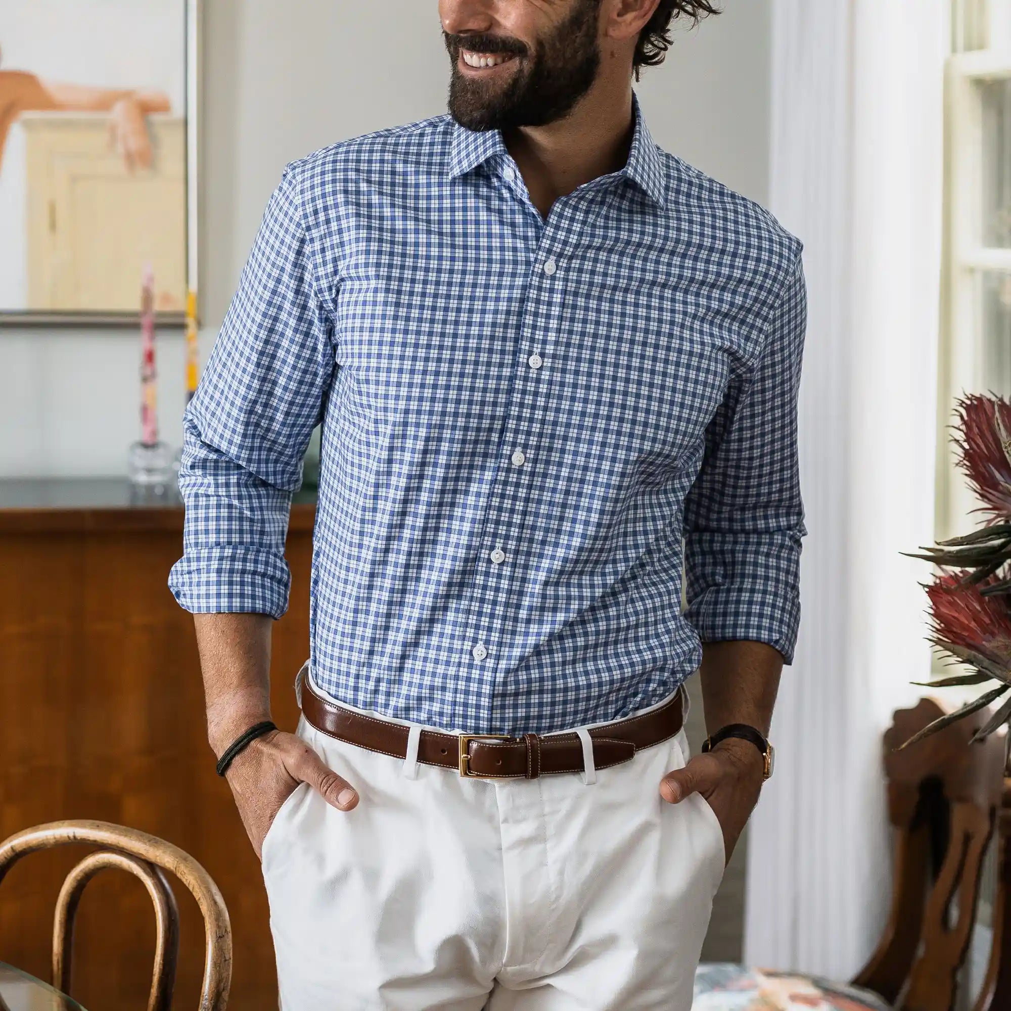 Cobalt Terranova plaid shirt styled - Thomas Mason 100s 2-ply poplin