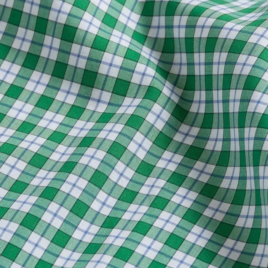 Green tattersall check fabric close-up - Thomas Mason archive Albini-woven 100s poplin