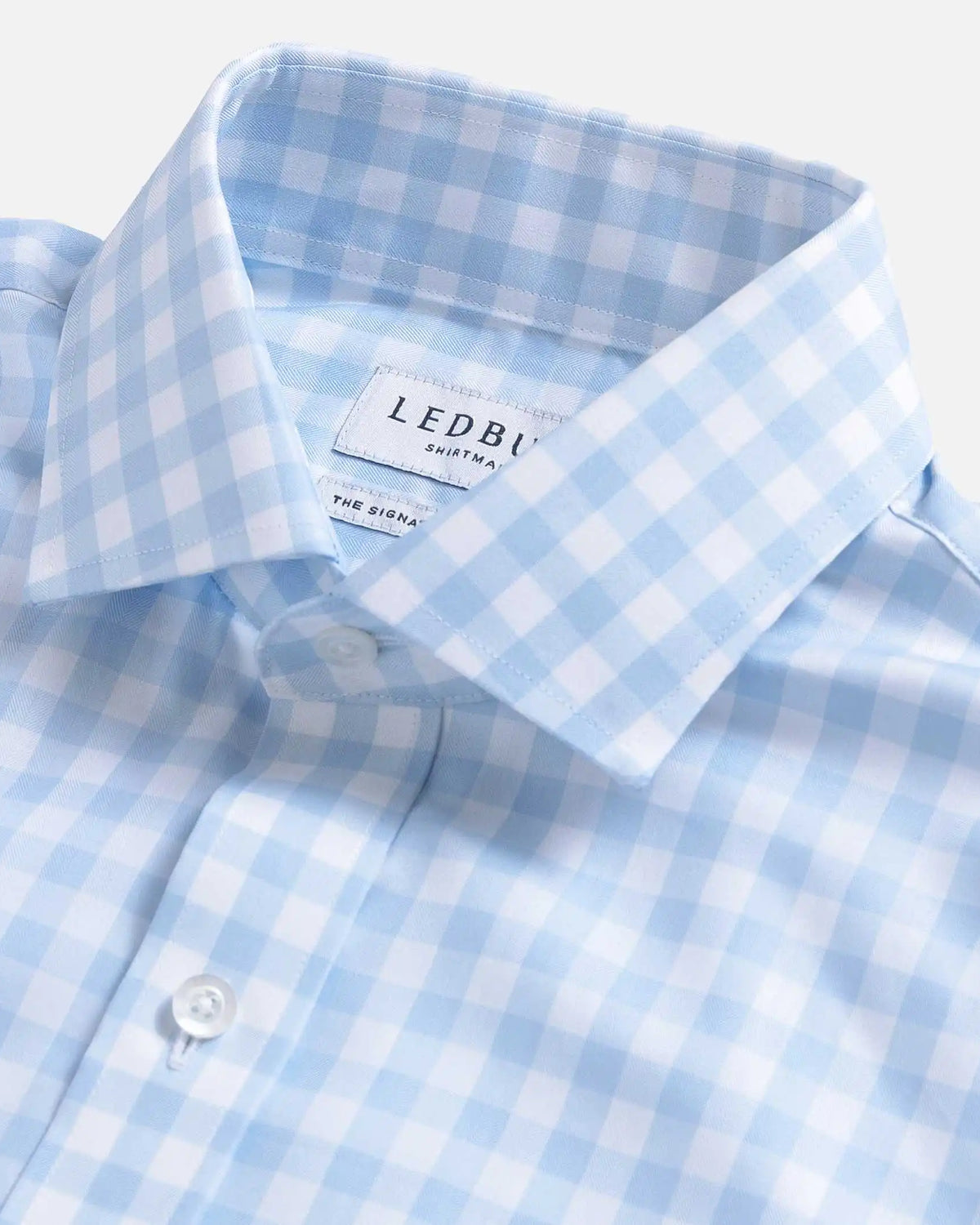 Light blue dress shirt collar with gingham check - fine twill pattern detail