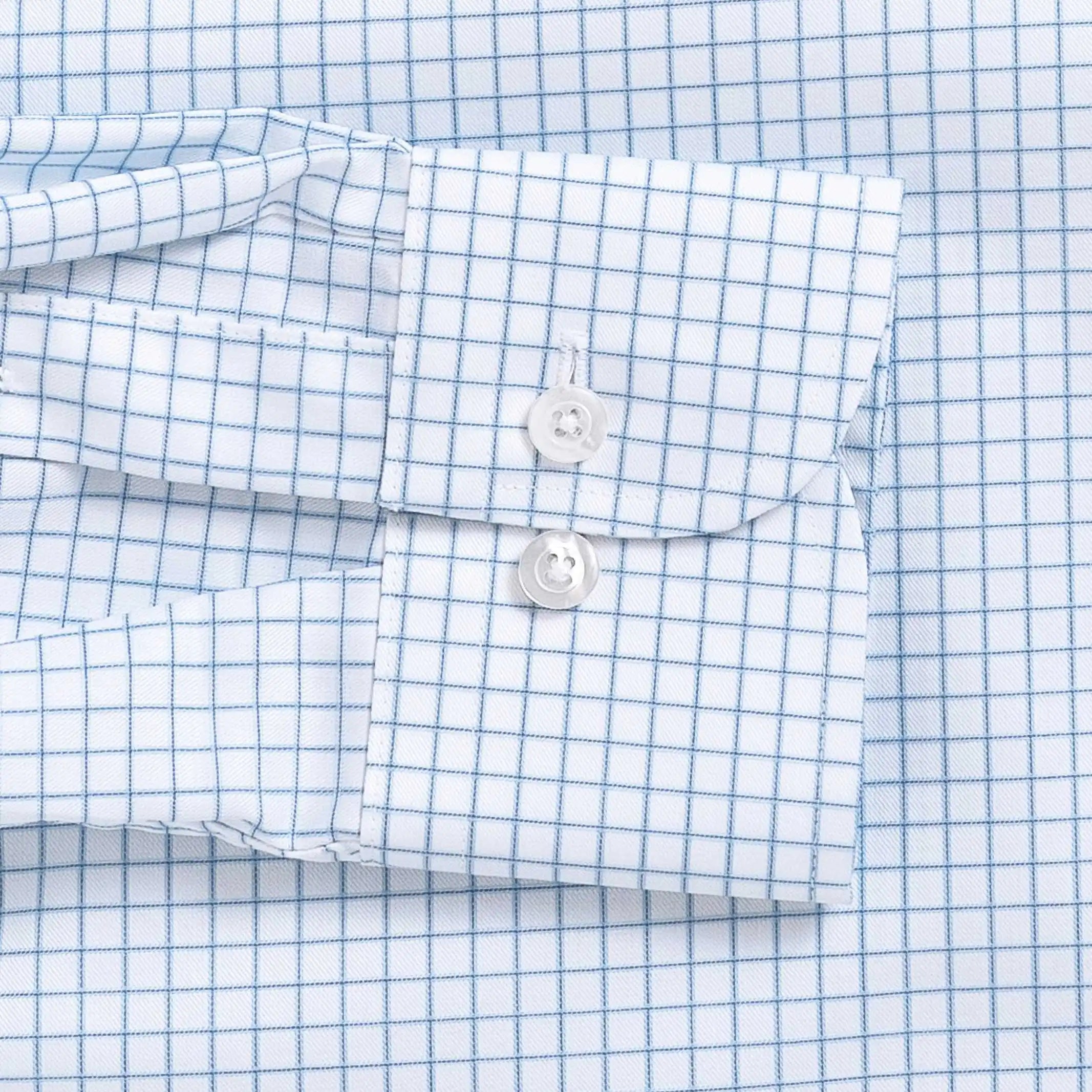 Grid check shirt sleeve and cuff detail - light blue fine twill pattern