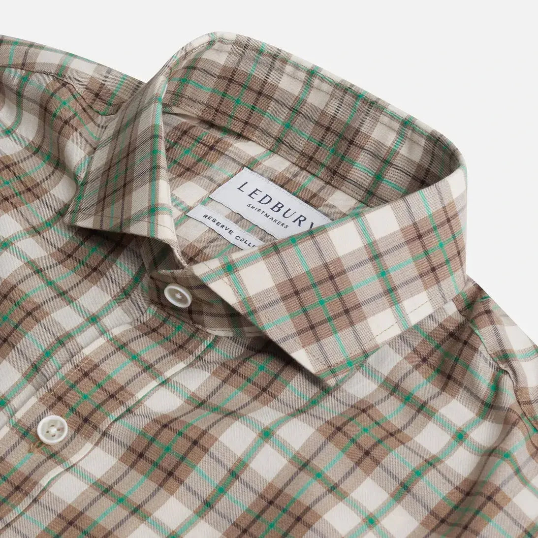 Bradford Plaid shirt short spread Alden collar detail - green plaid pattern close-up