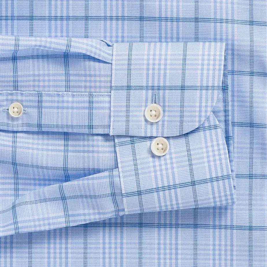Bateman Comfort Stretch shirt sleeve detail - powder blue fabric with subtle luster