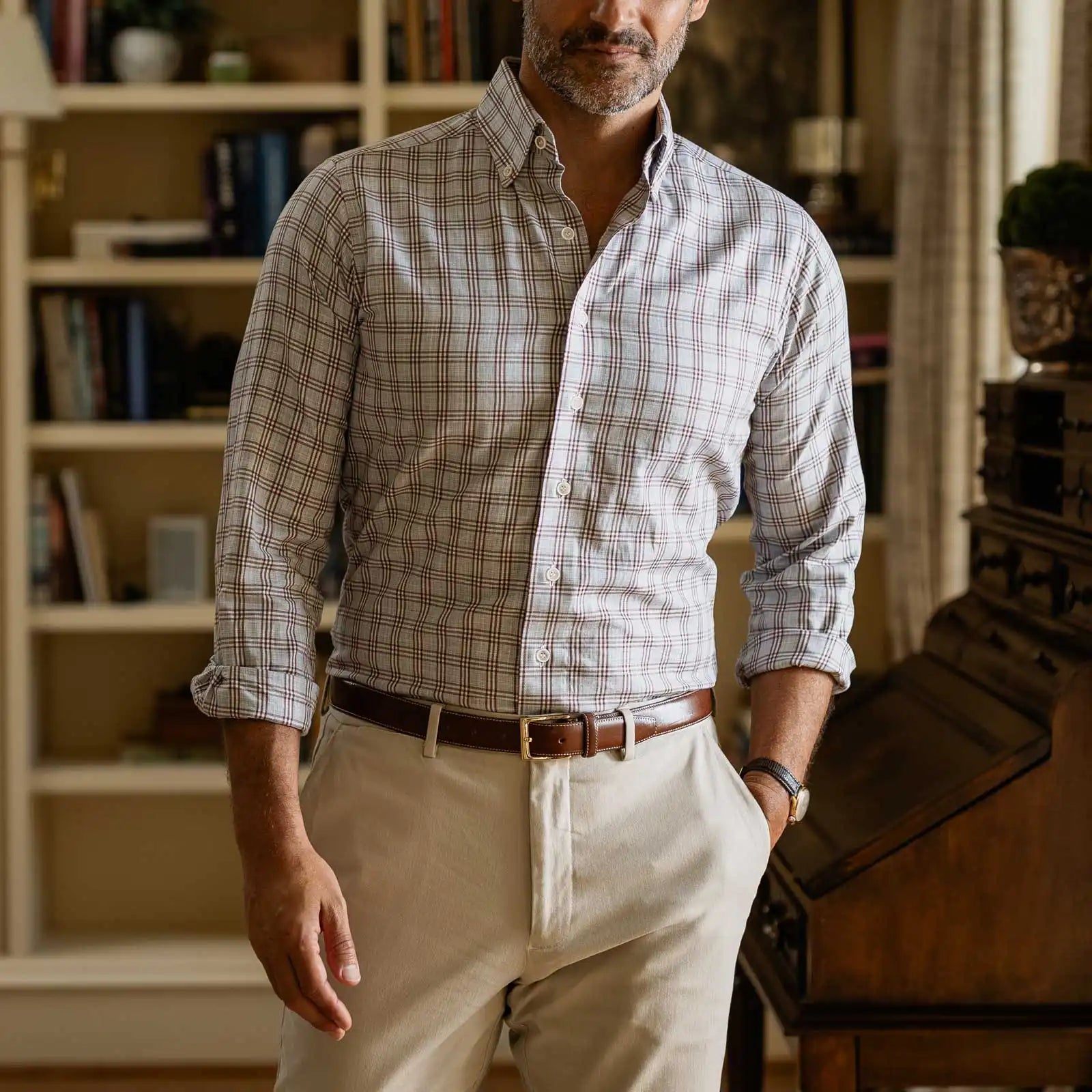 Rustic brown Arnett plaid shirt lifestyle shot - men's custom casual shirt