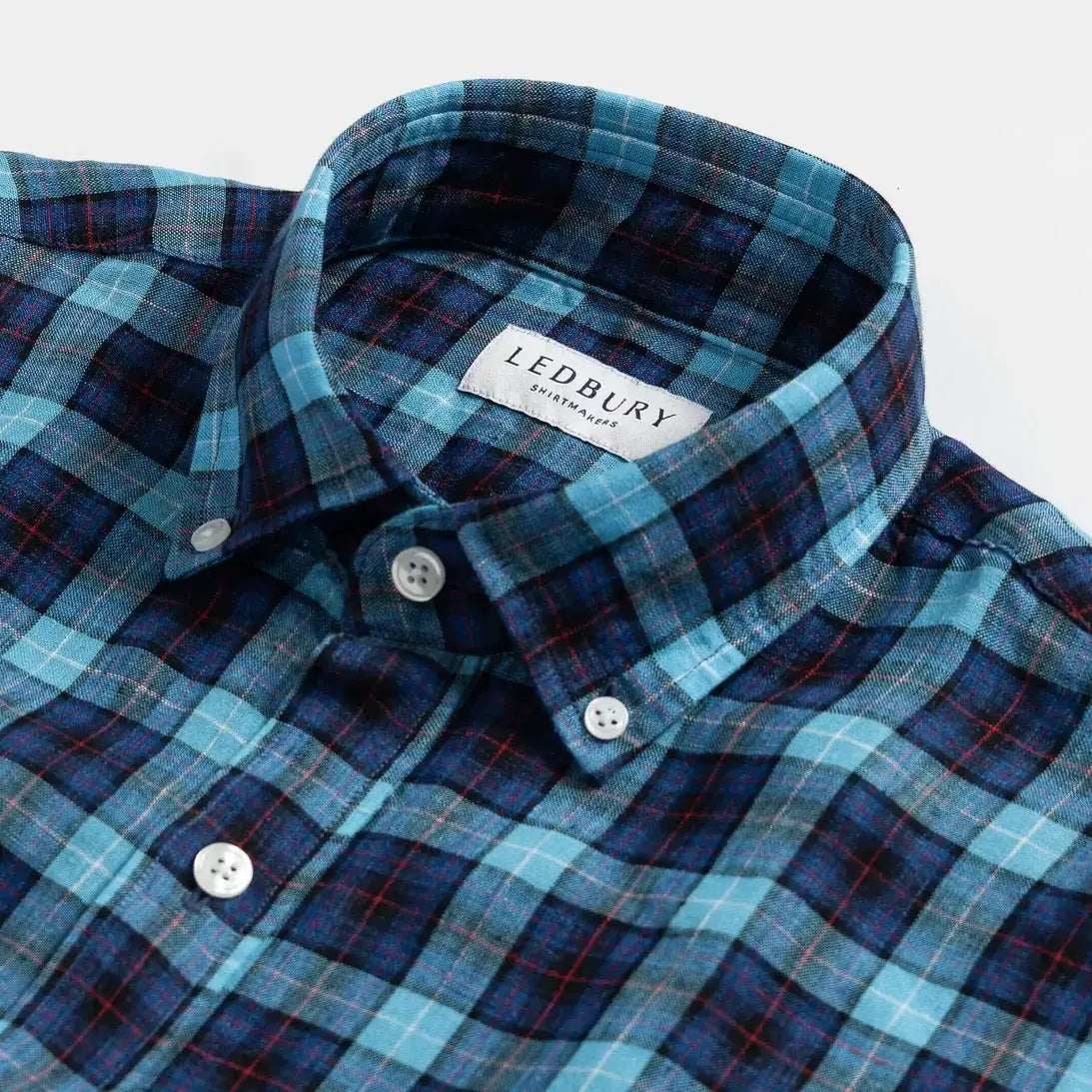 Collar detail blue plaid linen shirt - Ledbury Albini Brody custom collar