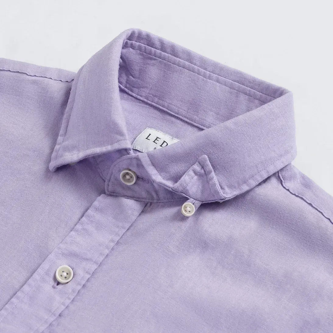 Lavender Barlotta linen shirt collar close-up - 55% linen 45% viscose blend