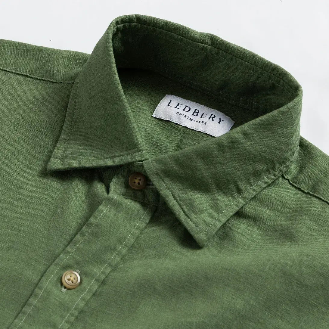 Hidden button-down collar detail verde green linen - Ledbury Barlotta custom collar
