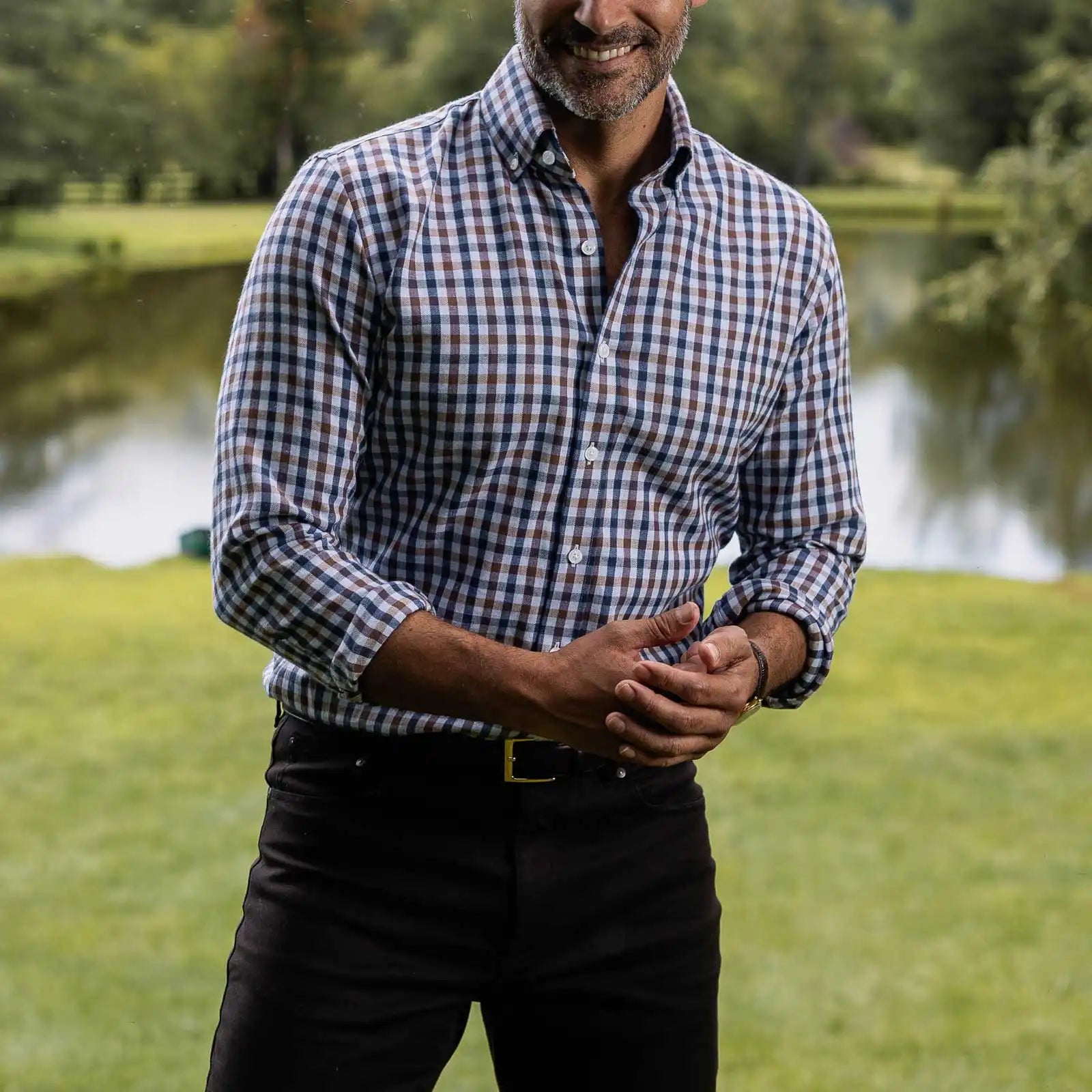 Man wearing Kyger Check casual shirt with seasonal check pattern - lifestyle photo