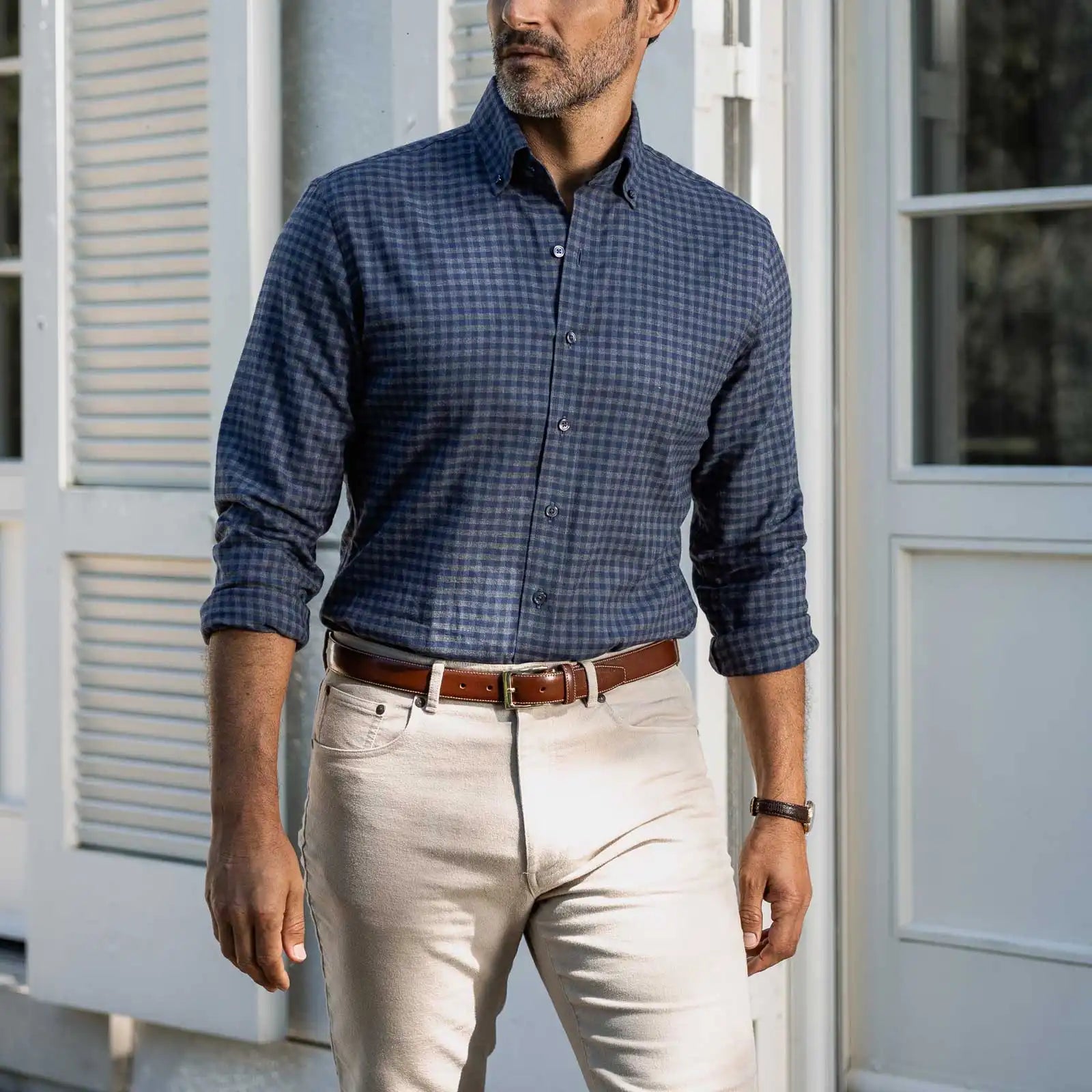 Slate Norton custom shirt styled with tan 5 pocket pants - versatile fall casual shirt