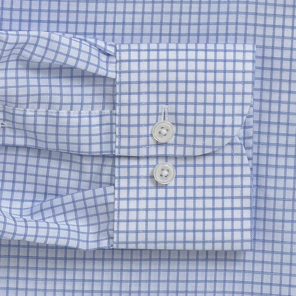 Owenby Comfort Stretch shirt sleeve detail - light blue check pattern with subtle luster