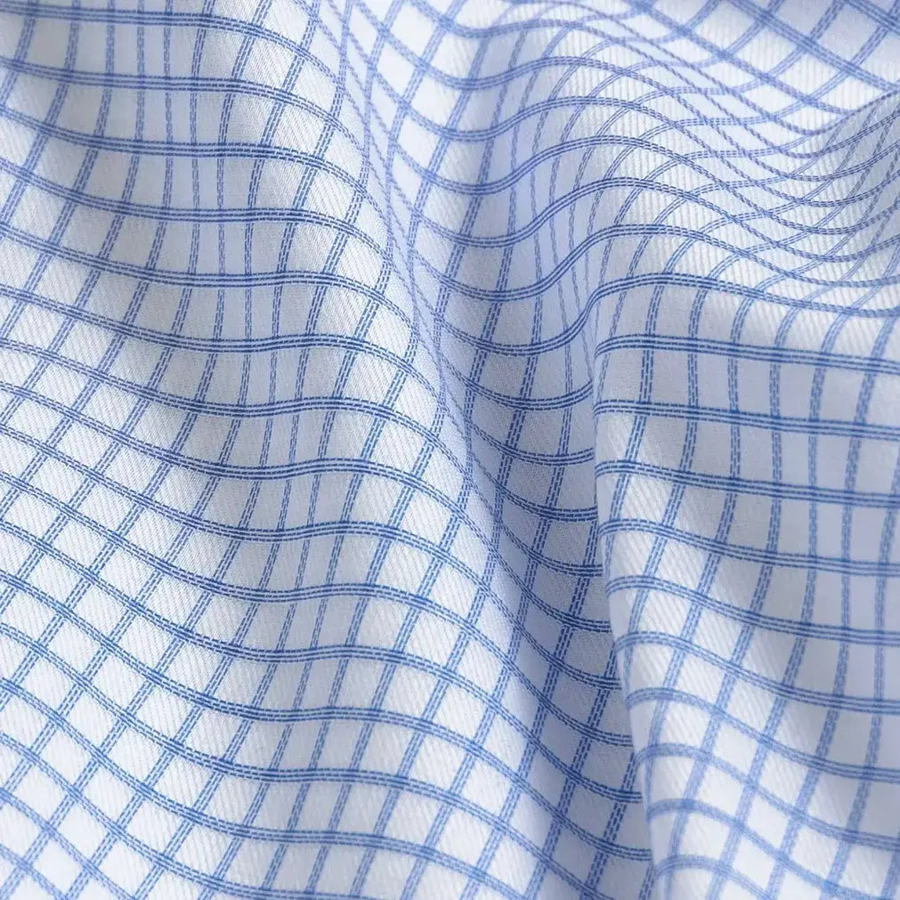 Blue stripe fabric close-up - ledbury.momfort Stretch 100% cotton with matched pattern