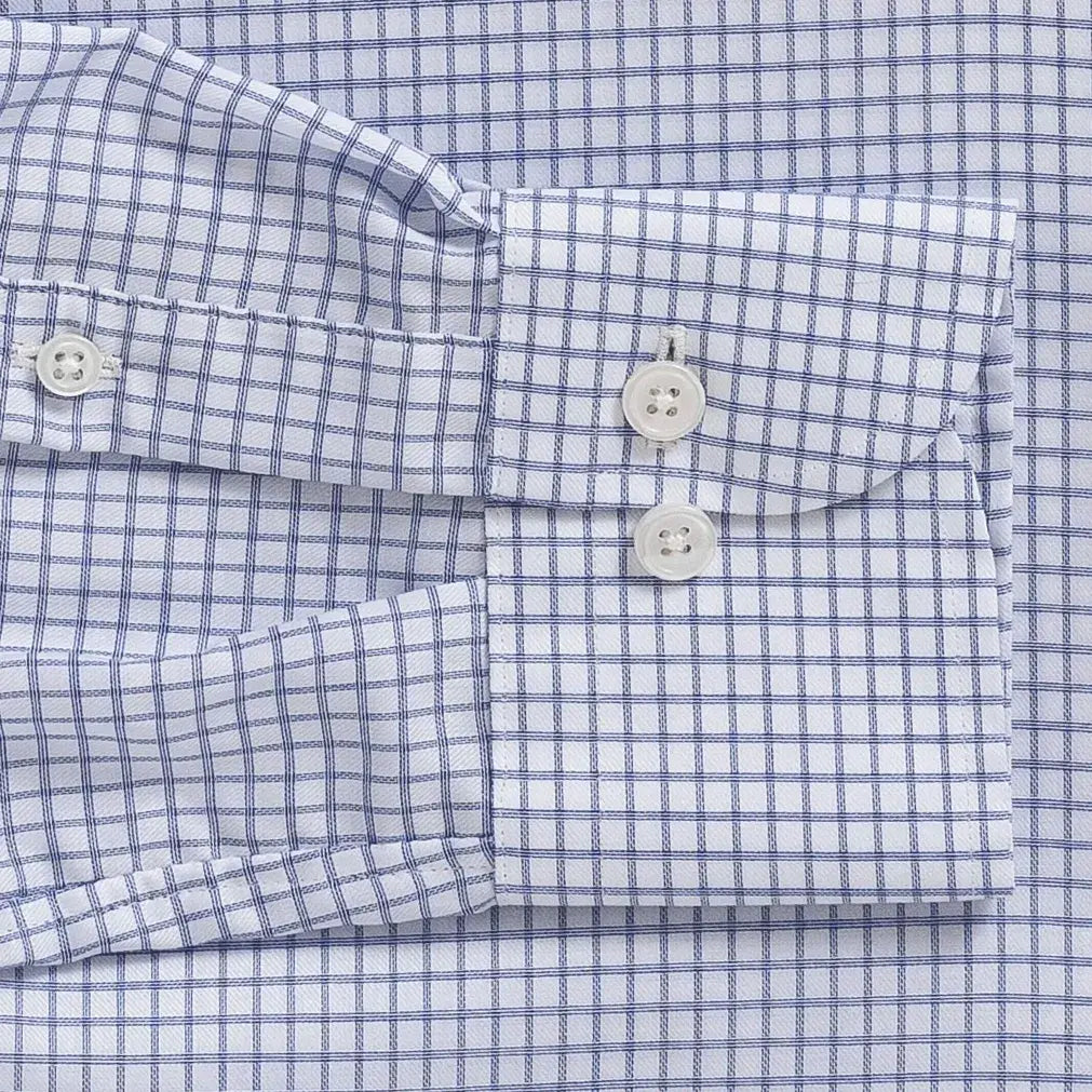 Owenby Comfort Stretch shirt sleeve detail - blue check pattern with subtle luster