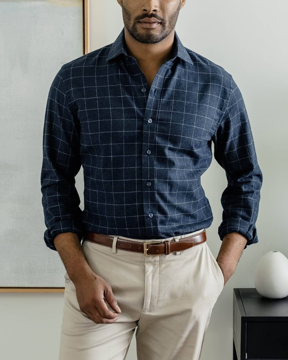 Man wearing navy windowpane casual shirt - brushed twill flannel