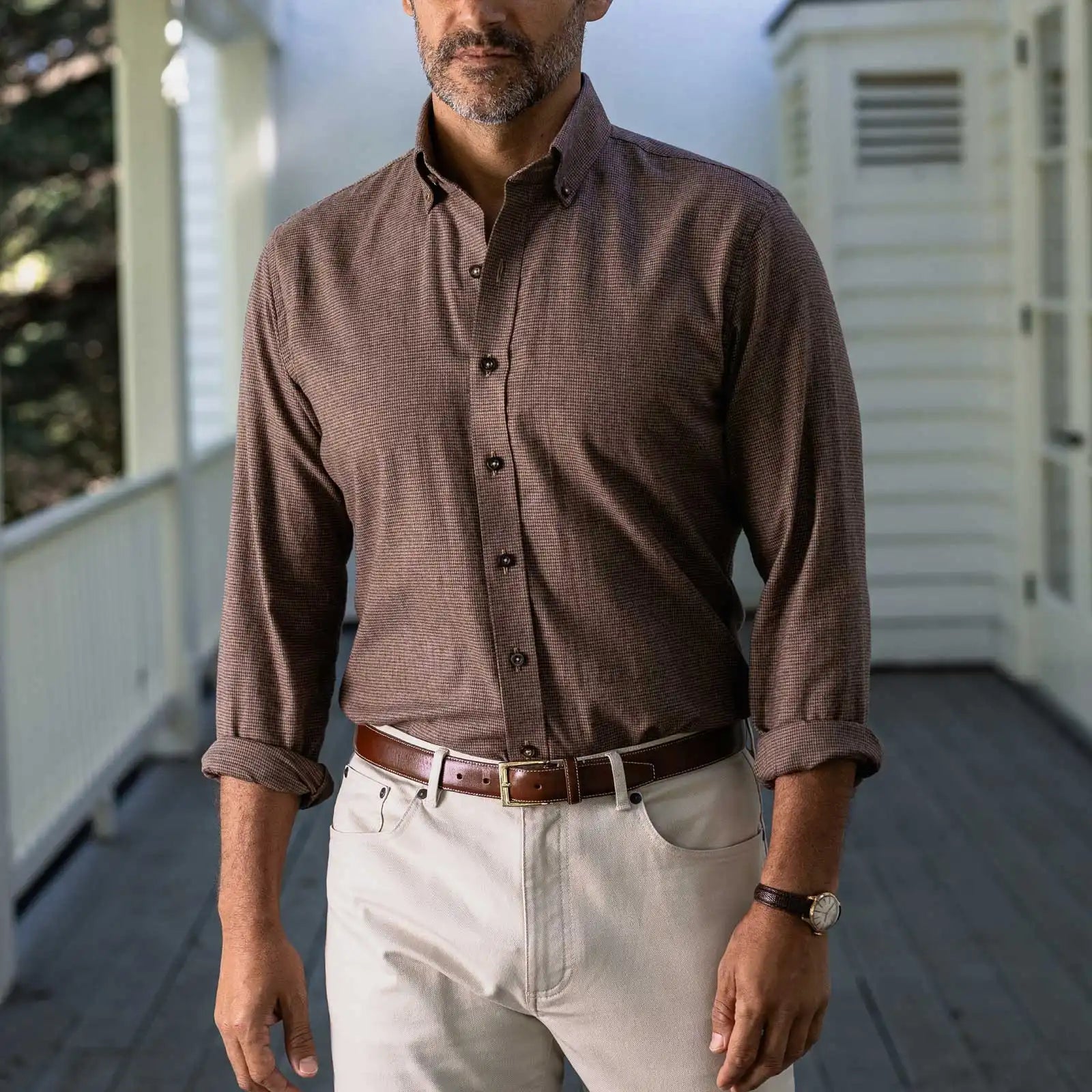 Brown houndstooth shirt styled for business casual - brushed twill