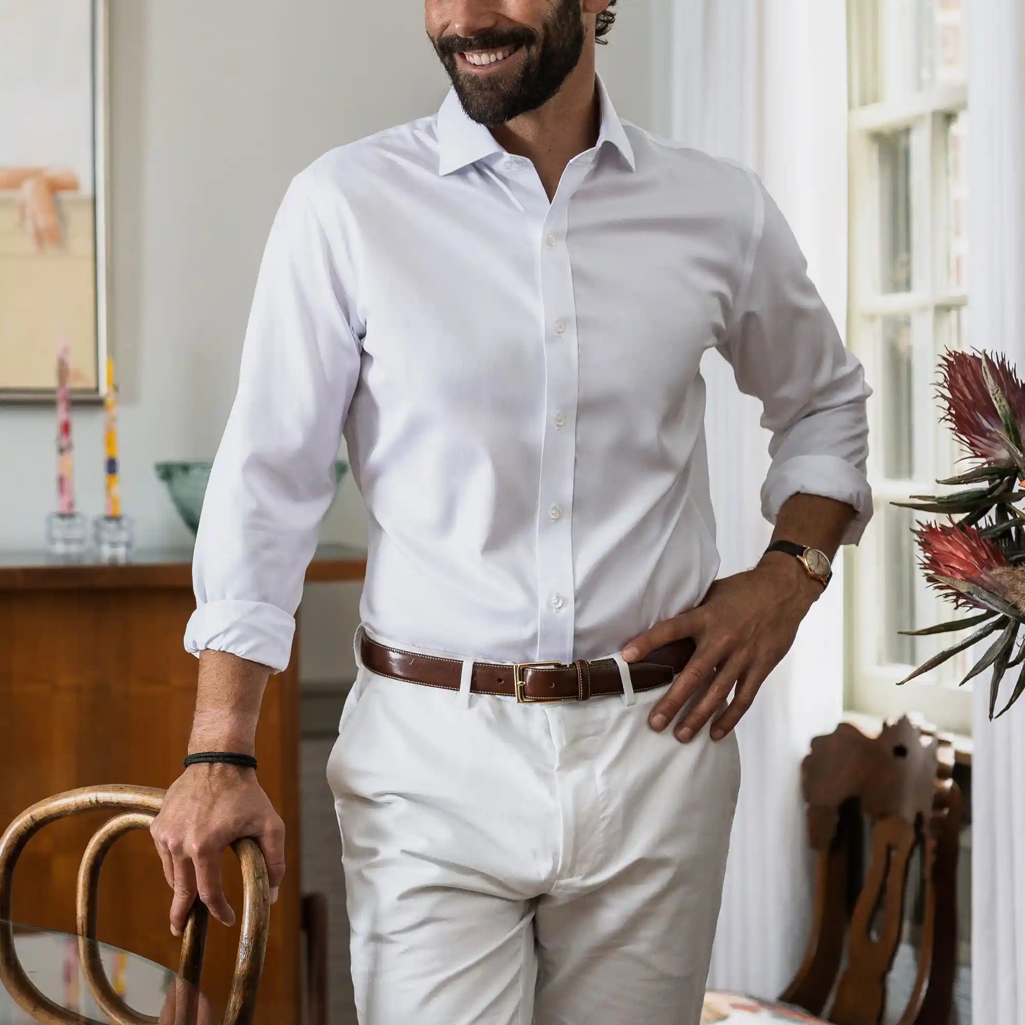 White Thompson non-iron custom dress shirt front view on model
