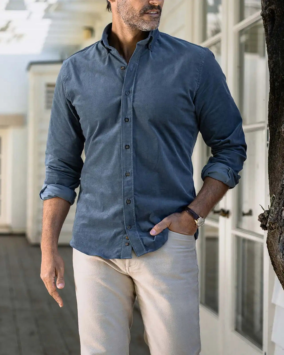 Man wearing Slate Blue Foxcroft Corduroy shirt - casual lifestyle photo
