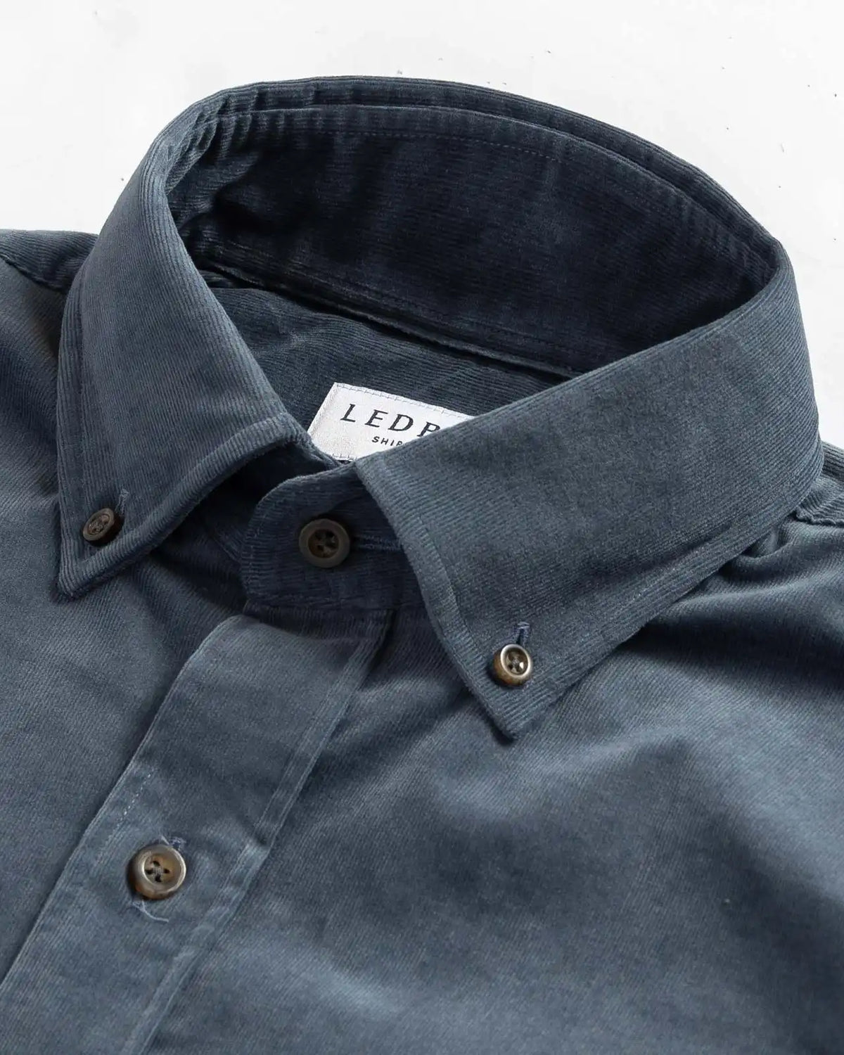 Foxcroft Corduroy shirt button-down collar detail - slate blue micro cord texture close-up