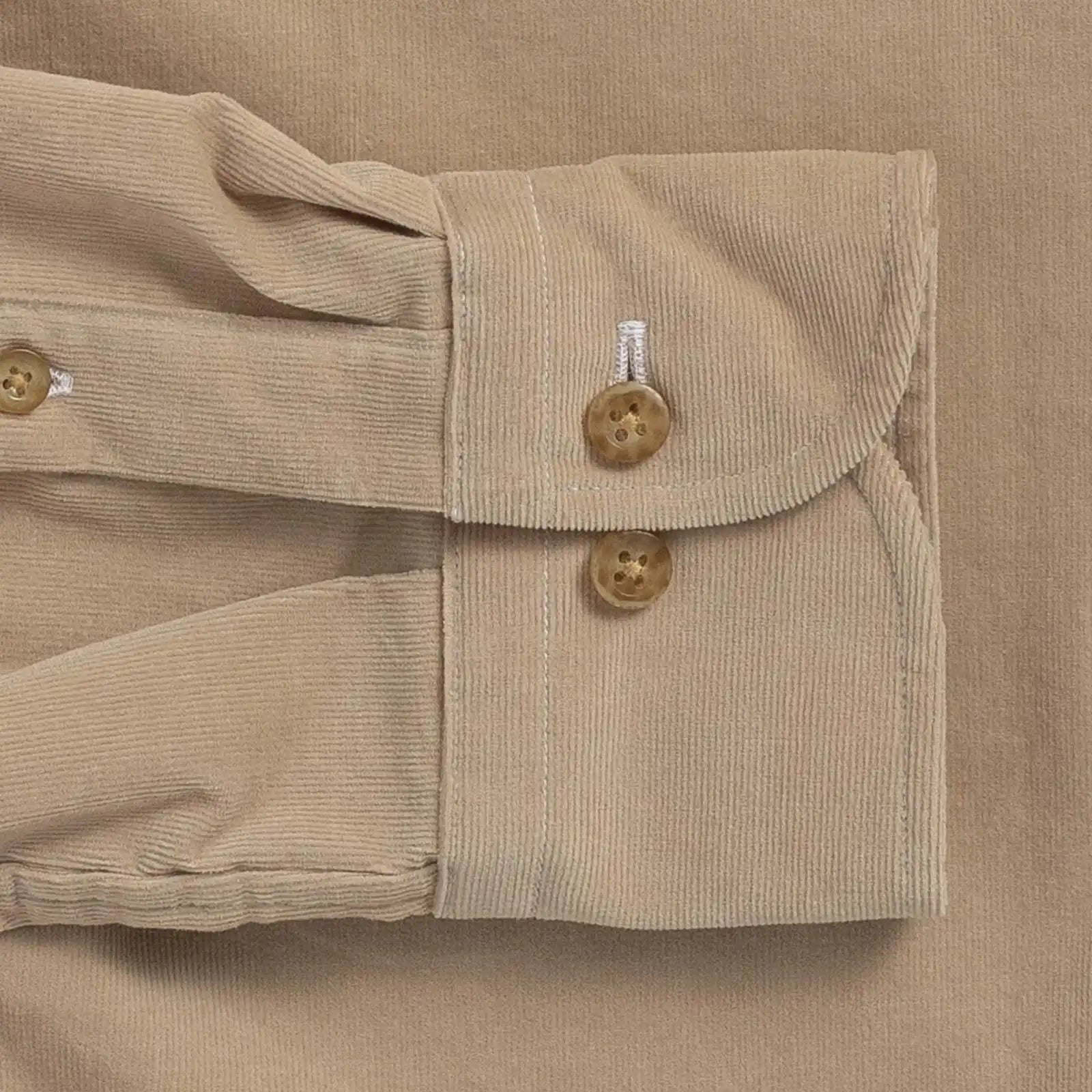 Foxcroft Corduroy shirt sleeve detail - horn khaki buttons and midweight cord fabric