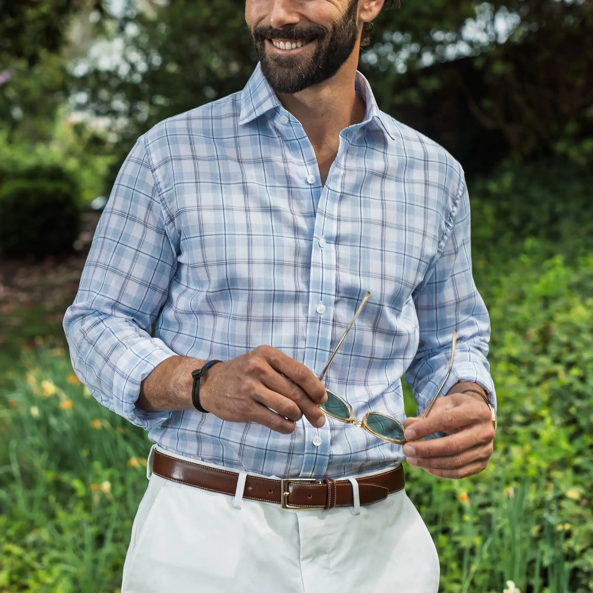 Man wearing sky blue Alta plaid shirt lifestyle - Ledbury Tencel custom fit shirt