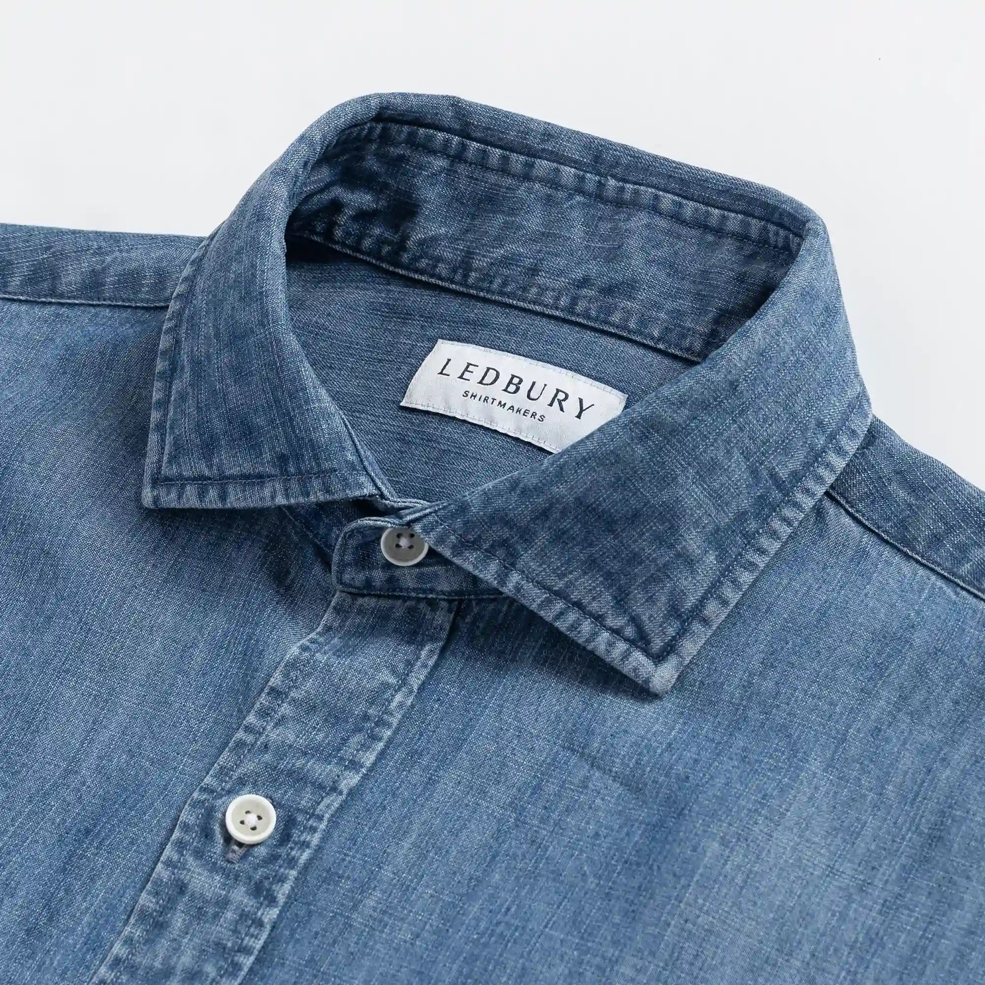 Blue Easton denim shirt collar detail - Tencel Lenzing fabric construction