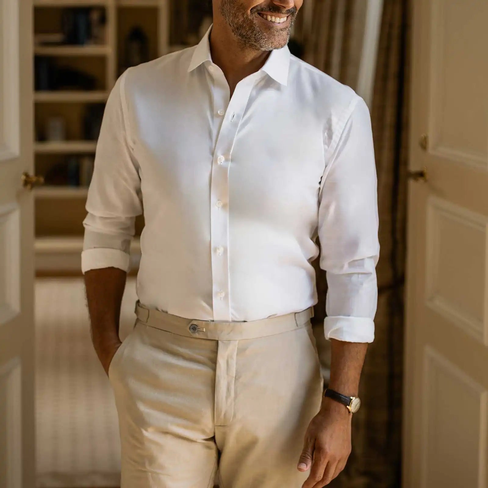 Carlyle Giza fine twill dress shirt on model - premium Egyptian cotton white shirt
