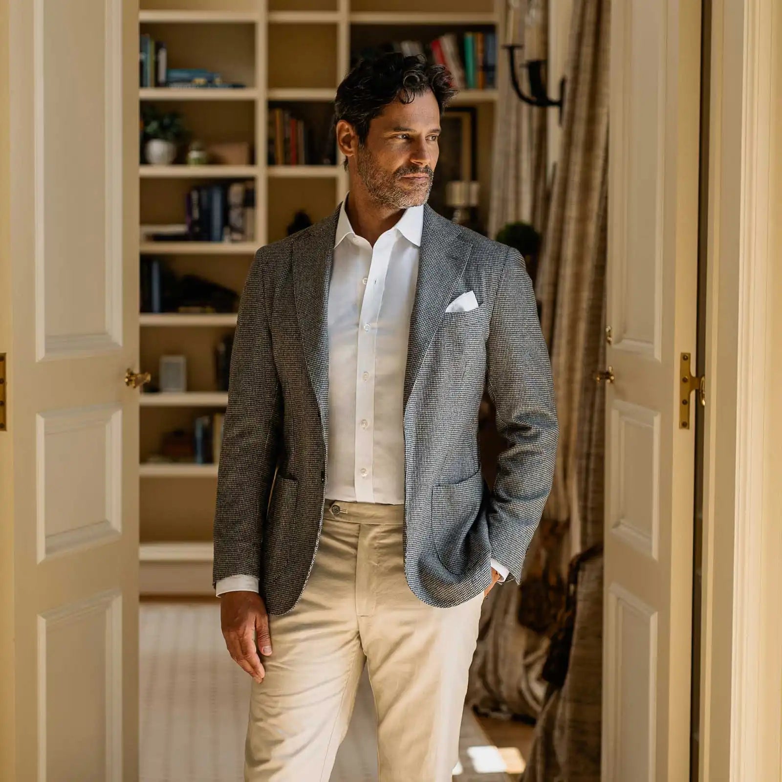 White Carlyle dress shirt styled - Thomas Mason Giza 87 fine twill with subtle sheen