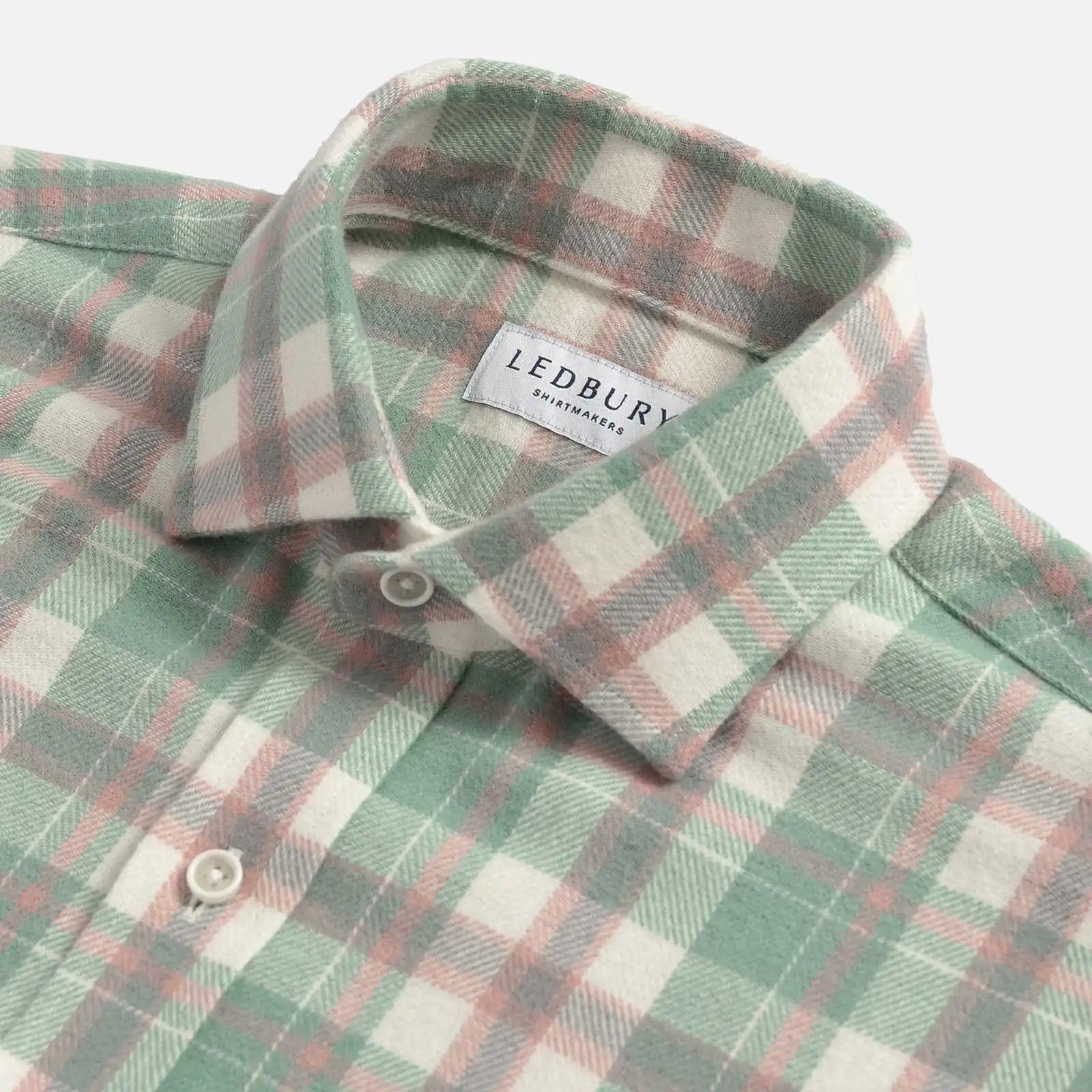 Norland Flannel shirt semi-spread Quint collar detail - brushed herringbone plaid close-up
