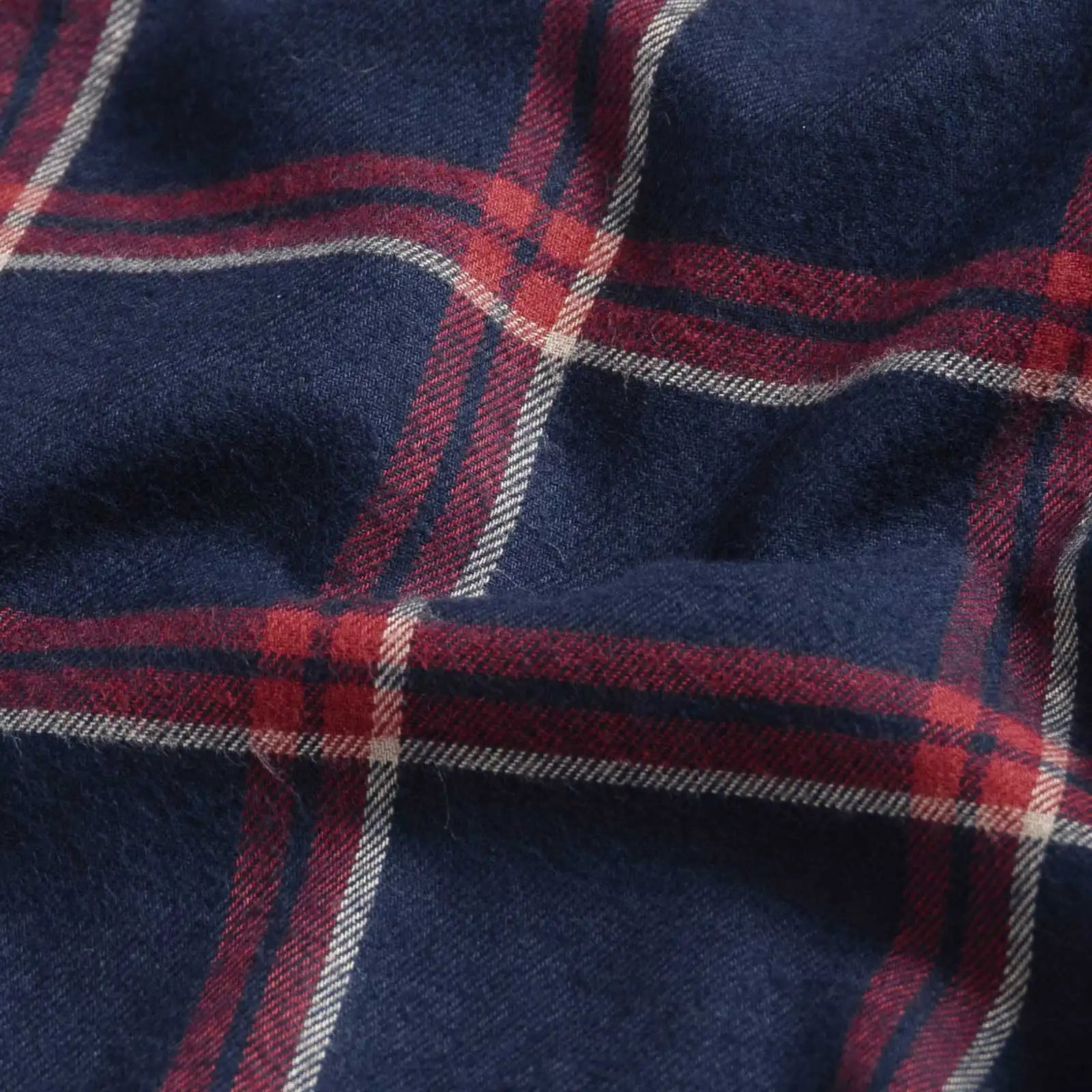 Navy crimson windowpane plaid fabric close-up - brushed cotton twill texture