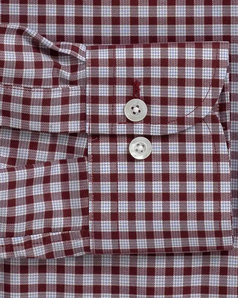 Red Britton shirt collar detail - Thomas Mason twill with mother-of-pearl buttons