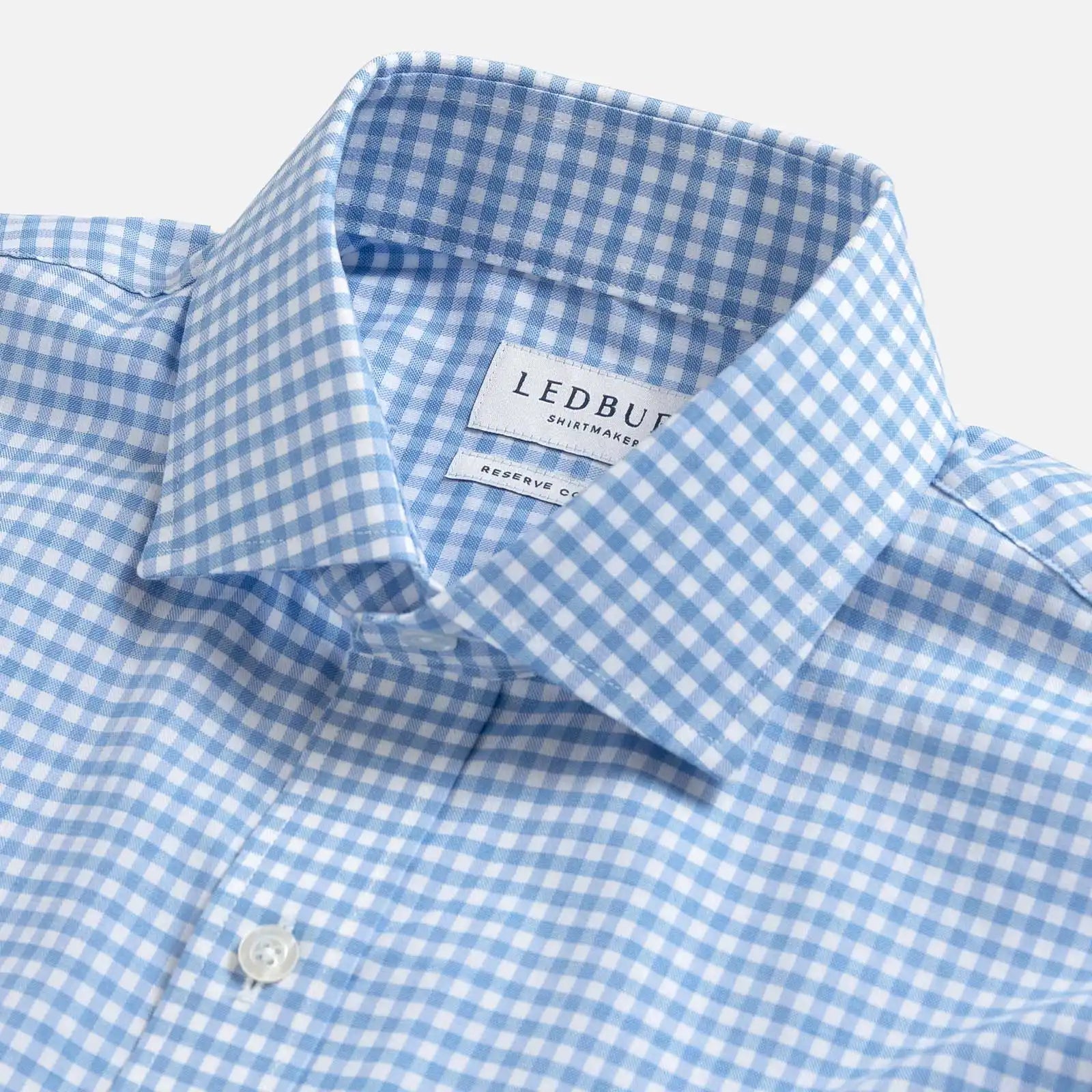 Light Blue Britton gingham shirt collar detail - Thomas Mason 100% cotton twill