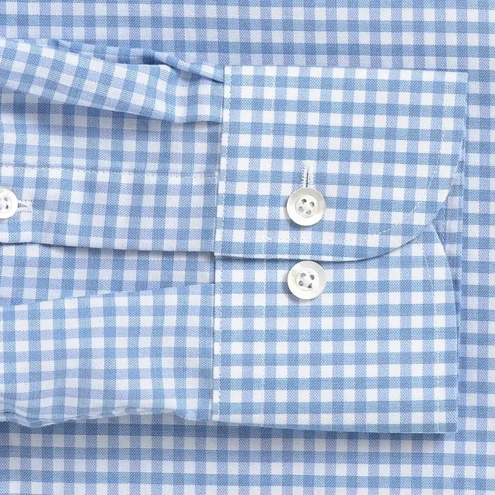 Britton Twill shirt sleeve detail - light blue gingham with mother-of-pearl buttons