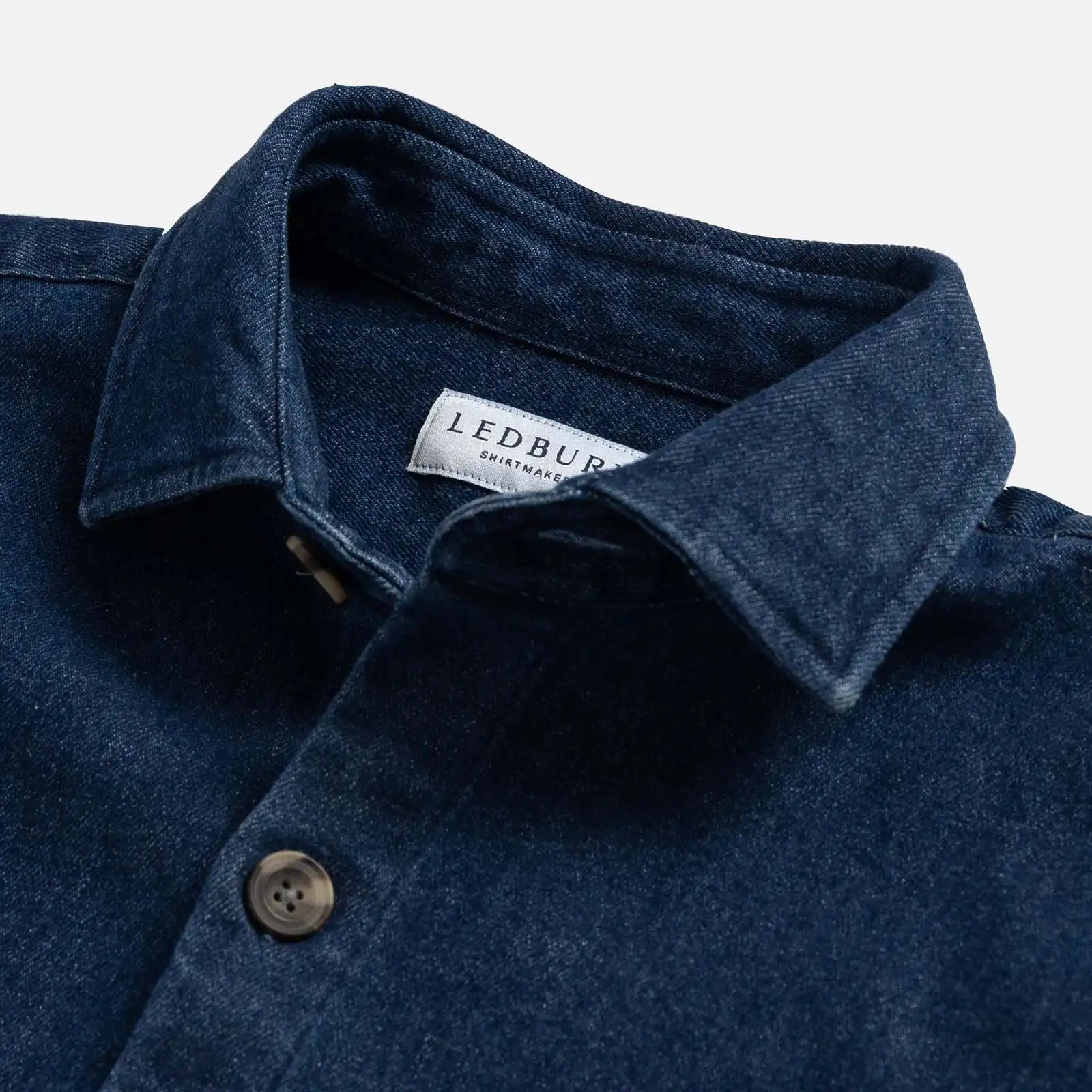 Indigo denim shirt jacket collar detail - jacket collar construction