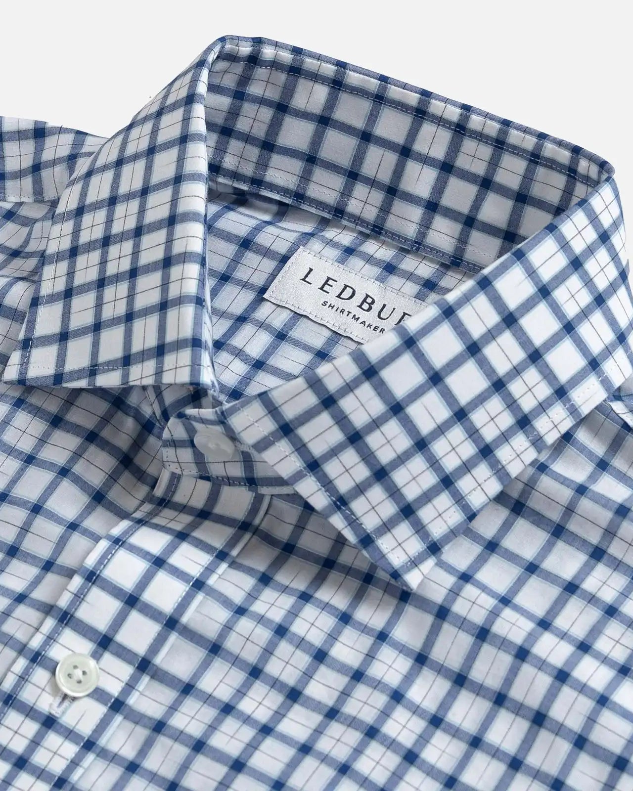 Ledbury Blue Guyer Check Custom Shirt — semi spread collar detail on blue tattersall check cotton poplin