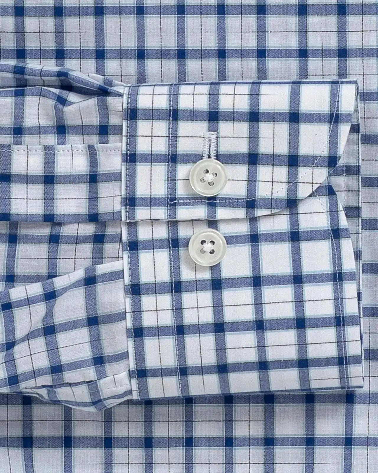 Ledbury Blue Guyer Check Custom Shirt — double button barrel cuff detail on blue tattersall check poplin