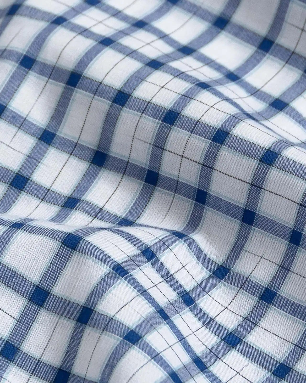 Ledbury Blue Guyer Check shirt fabric — ultra-lightweight 100% cotton poplin with bold blue tattersall check