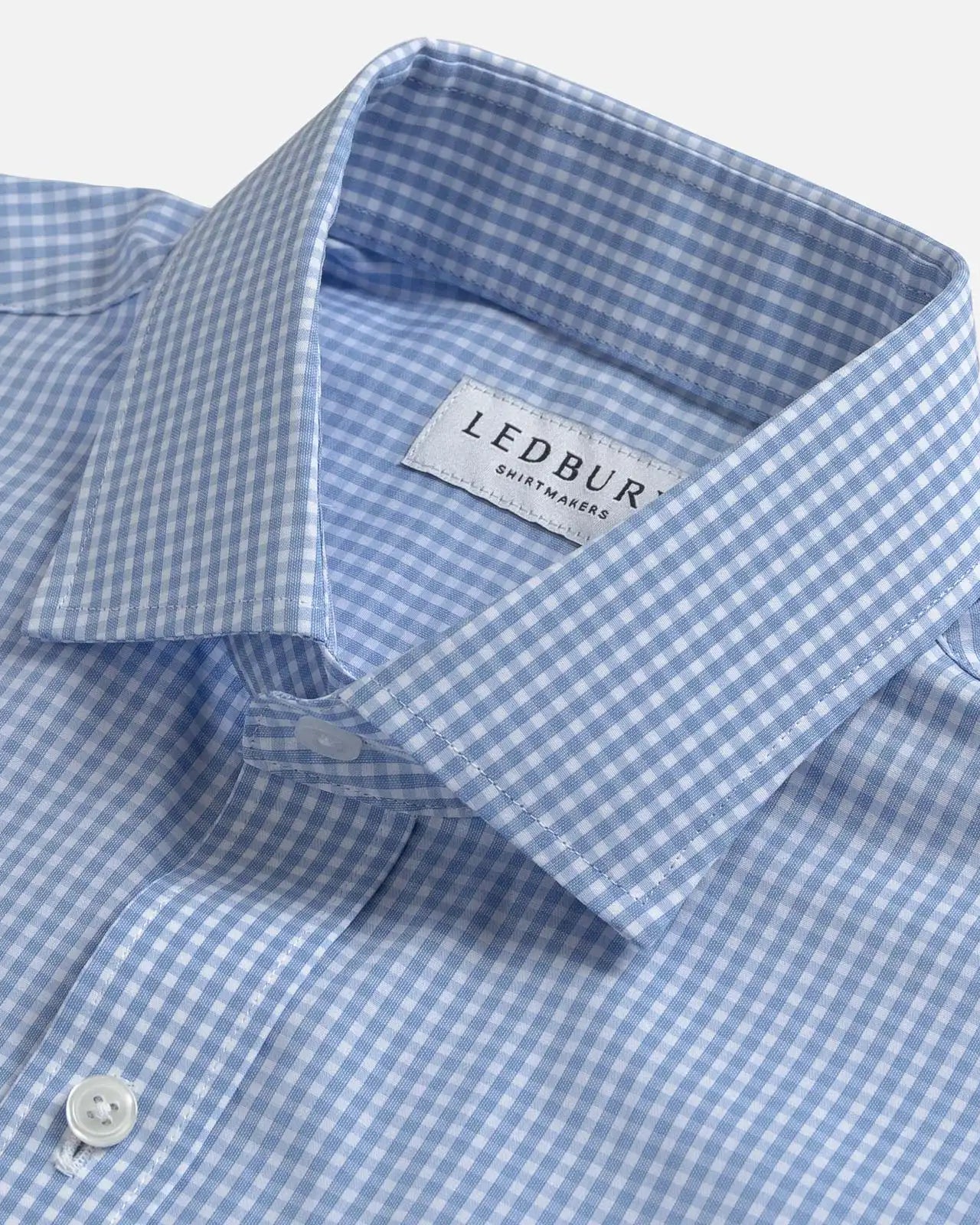 Ledbury Blue Garnaby Gingham Custom Shirt — semi spread collar detail on blue gingham cotton poplin