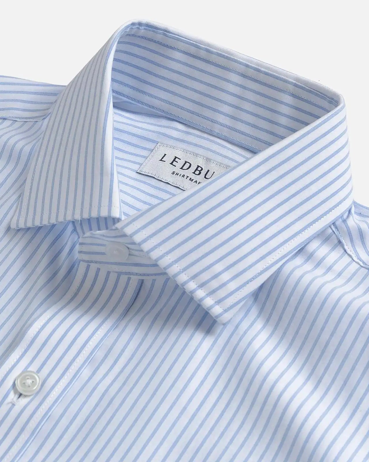Light blue Tindley Stripe collar detail - semi spread quint collar
