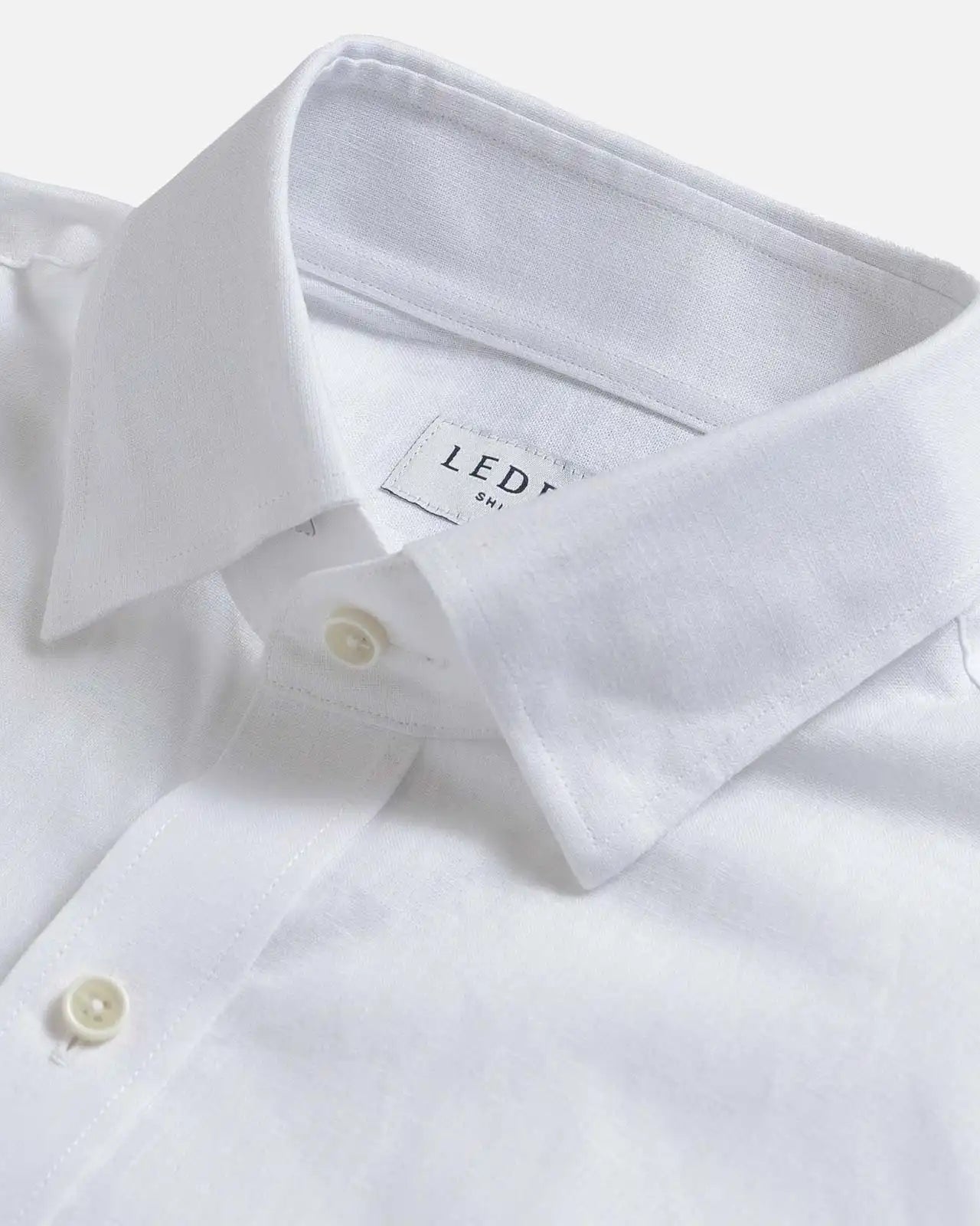 White Culley Cotton Linen shirt collar detail - hidden button down collar close-up