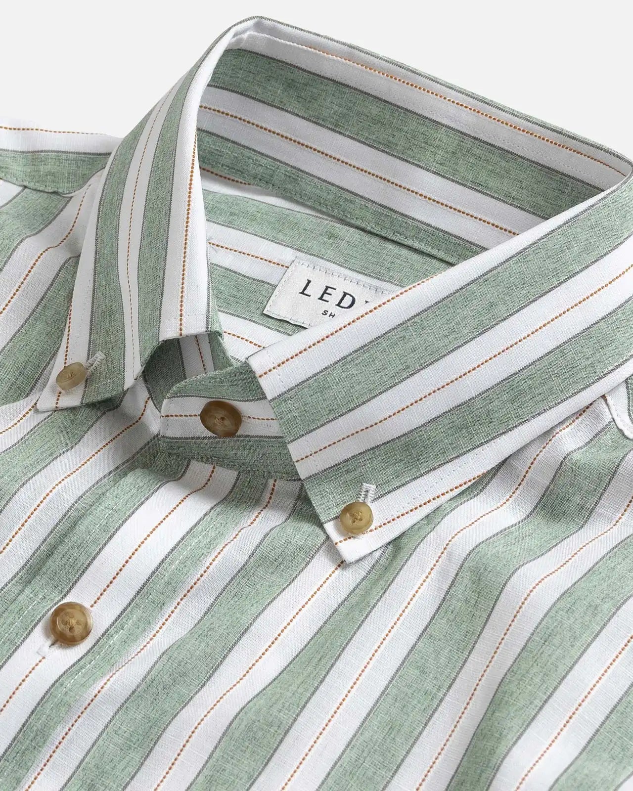 Green and White Stripe shirt collar detail - button-down collar close-up