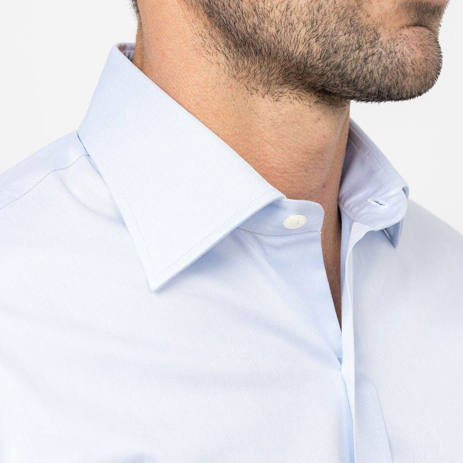 Light Blue King Fine Twill dress shirt collar on model - premium European-woven fabric